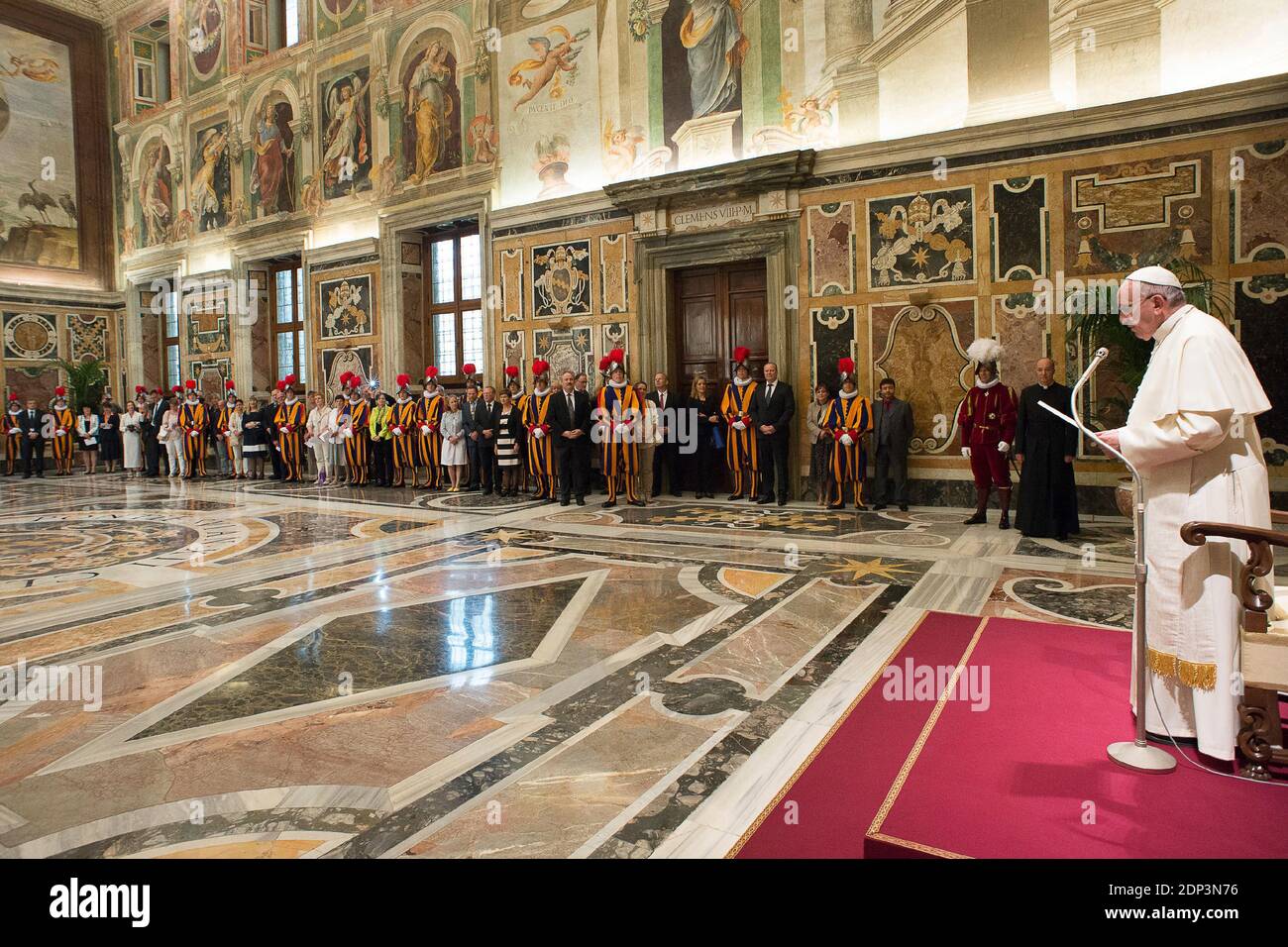 Pope Francis attends a meeting with the 32 new Swiss Guards ahead of