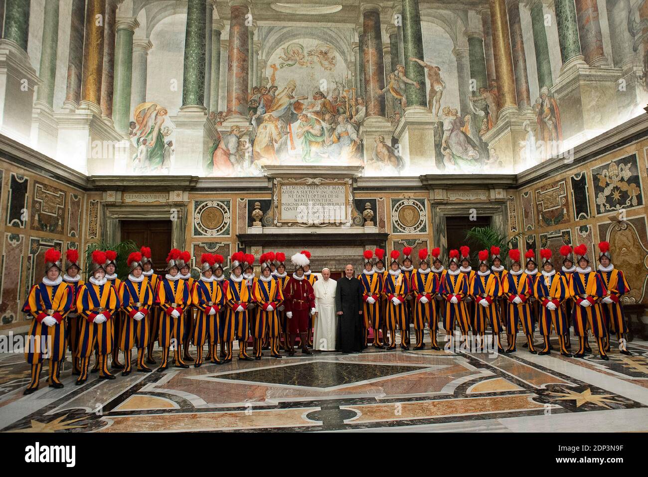 Pope Francis attends a meeting with the 32 new Swiss Guards ahead of