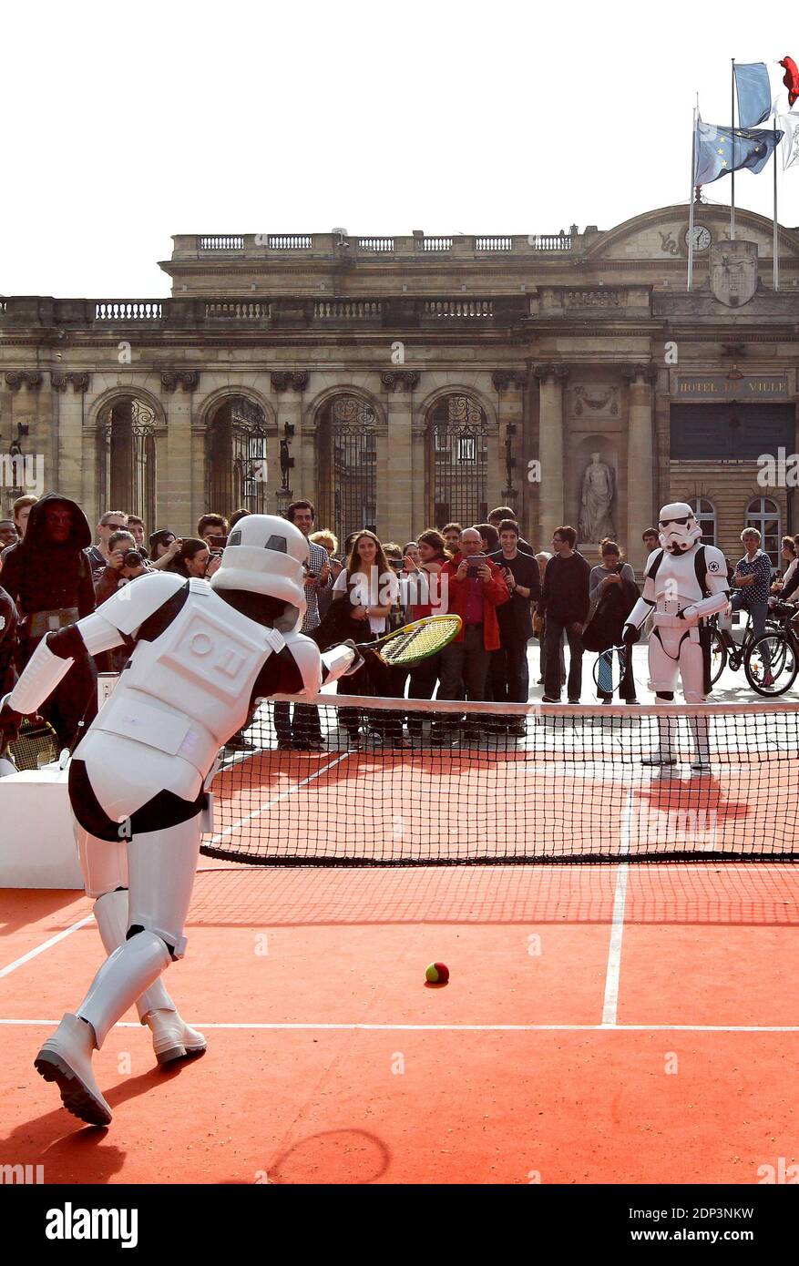 Wars' figures play tennis on an ephemeral court as part of 'May the 4th' ('May The Force Be You') celebration to promote the 2015 BNP Paribas Primrose tennis tournament to