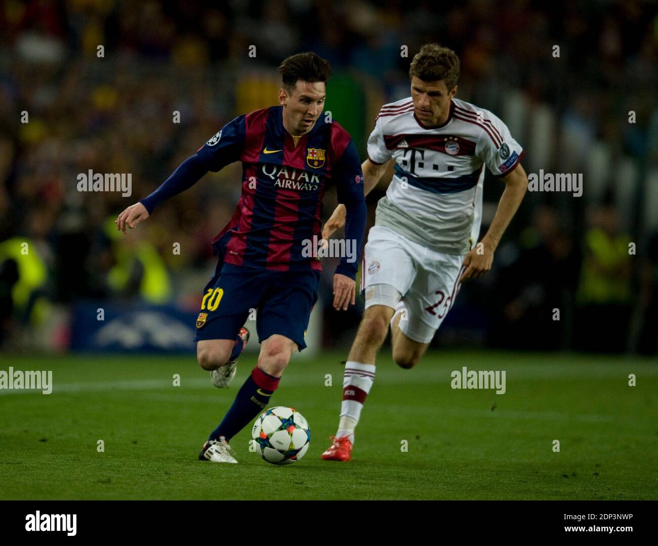 Lionel Messi, Fc Barcelona Thomas Mueller, Bayern Munich during the UEFA Champions  League Semi Final First Leg soccer match, FC Barcelona Vs Bayern Munich at  Nou Camp in Barcelona, Spain on May