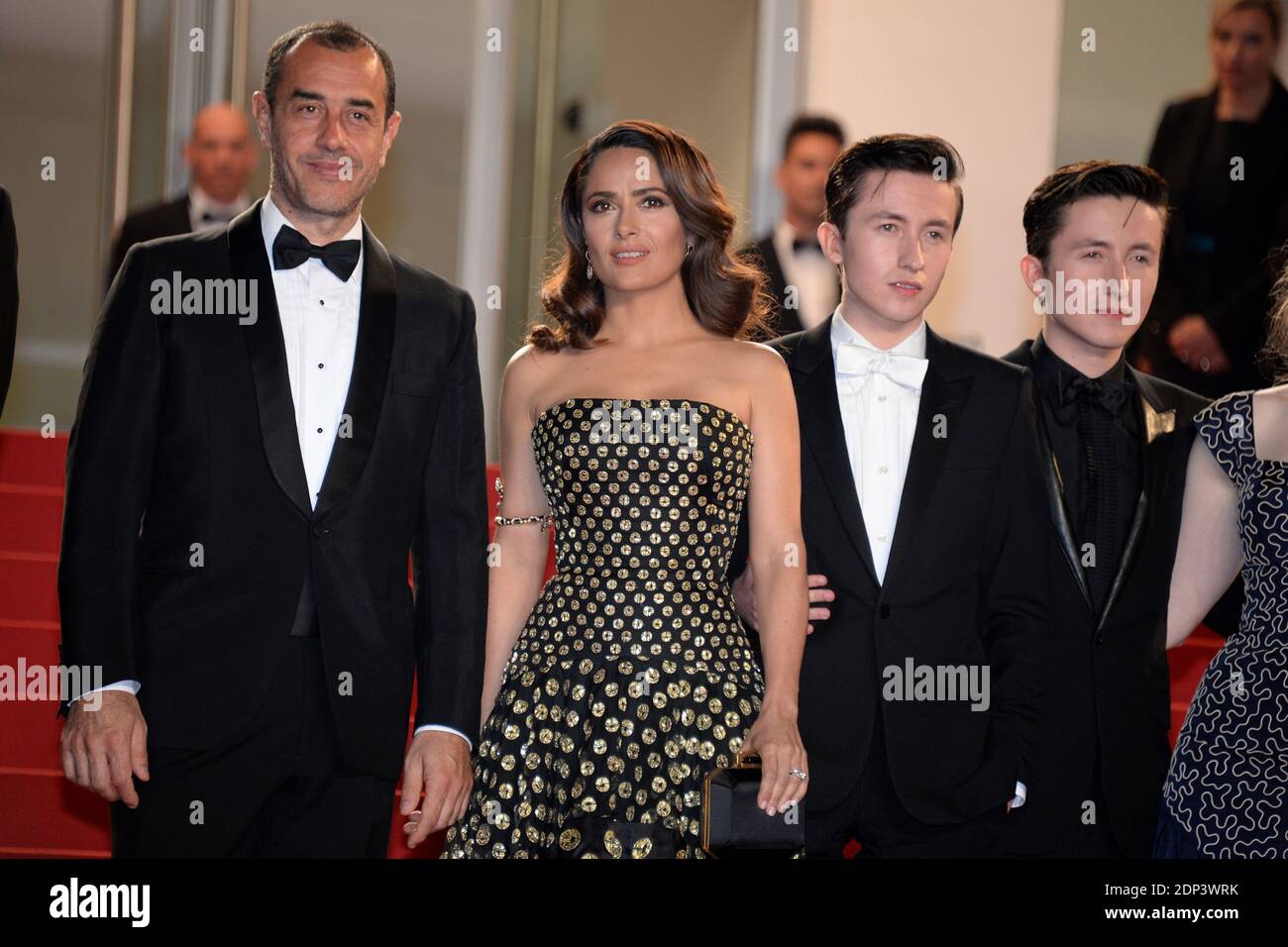 Mateo Garrone, Salma Hayek, Christian Lees and Jonah Lees arriving at the Palais des Festivals for the screening of the film Tale of Tales as part of the 68th Cannes Film Festival in Cannes, France on May 14, 2015. Photo by Nicolas Briquet/ABACAPRESS.COM Stock Photo