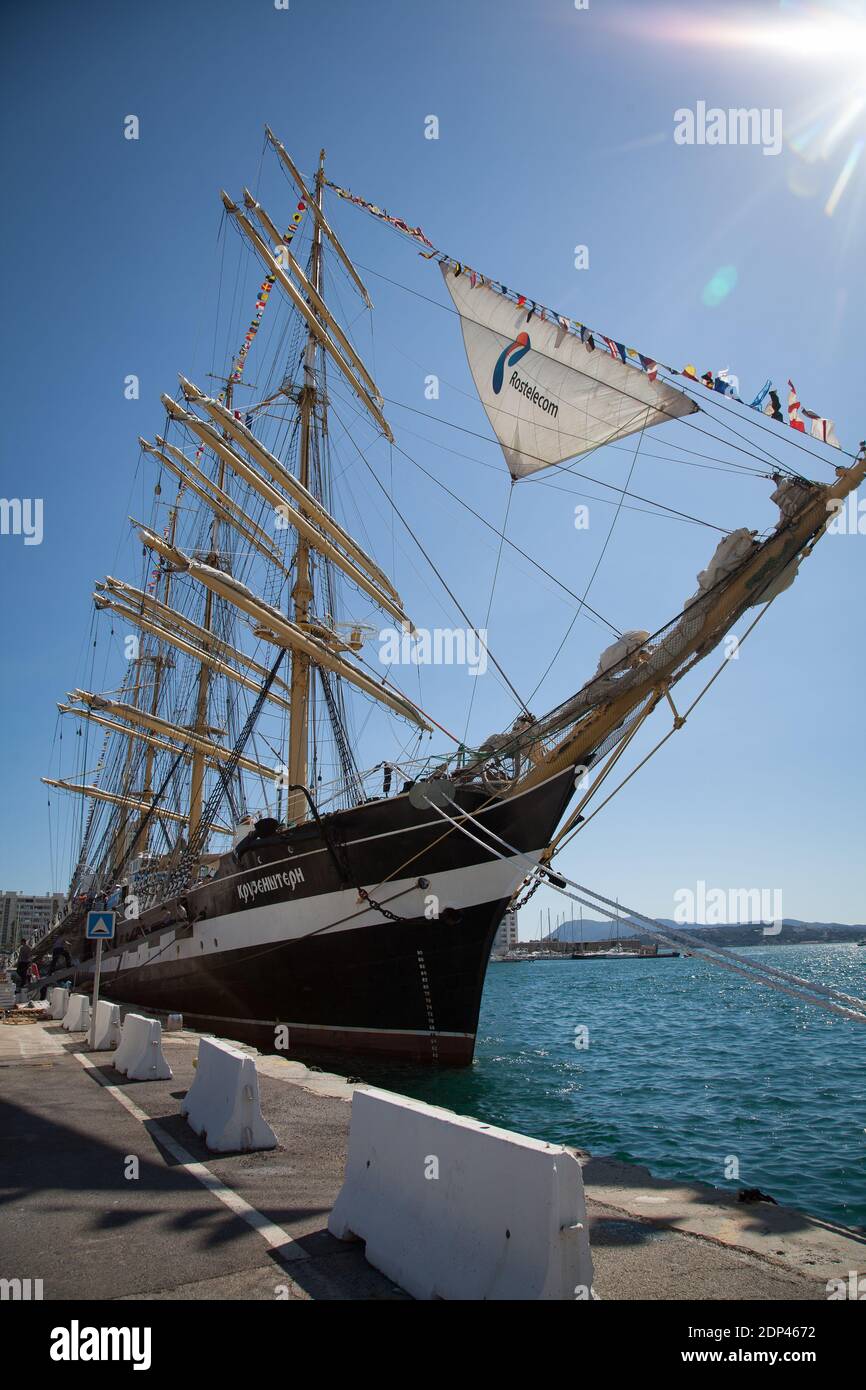 The Russian sailing ship 'Krusenstern' is pictured during a stopover in the port of Toulon, southern France on May 22, 2015. The ship will moor in Toulon between 21 and 23 May 2015 and will be opened to visitors. The Krusenstern or Kruzenshtern is a four-masted barque and tall ship that was built as the Padua (named after the Italian city) in 1926 at Geestemuende in Bremerhaven, Germany. She was surrendered to the USSR in 1946 as war reparation and renamed after the early 19th century Baltic German explorer in Russian service, Adam Johann Krusenstern (1770–1846). She is now a Russian sail trai Stock Photo