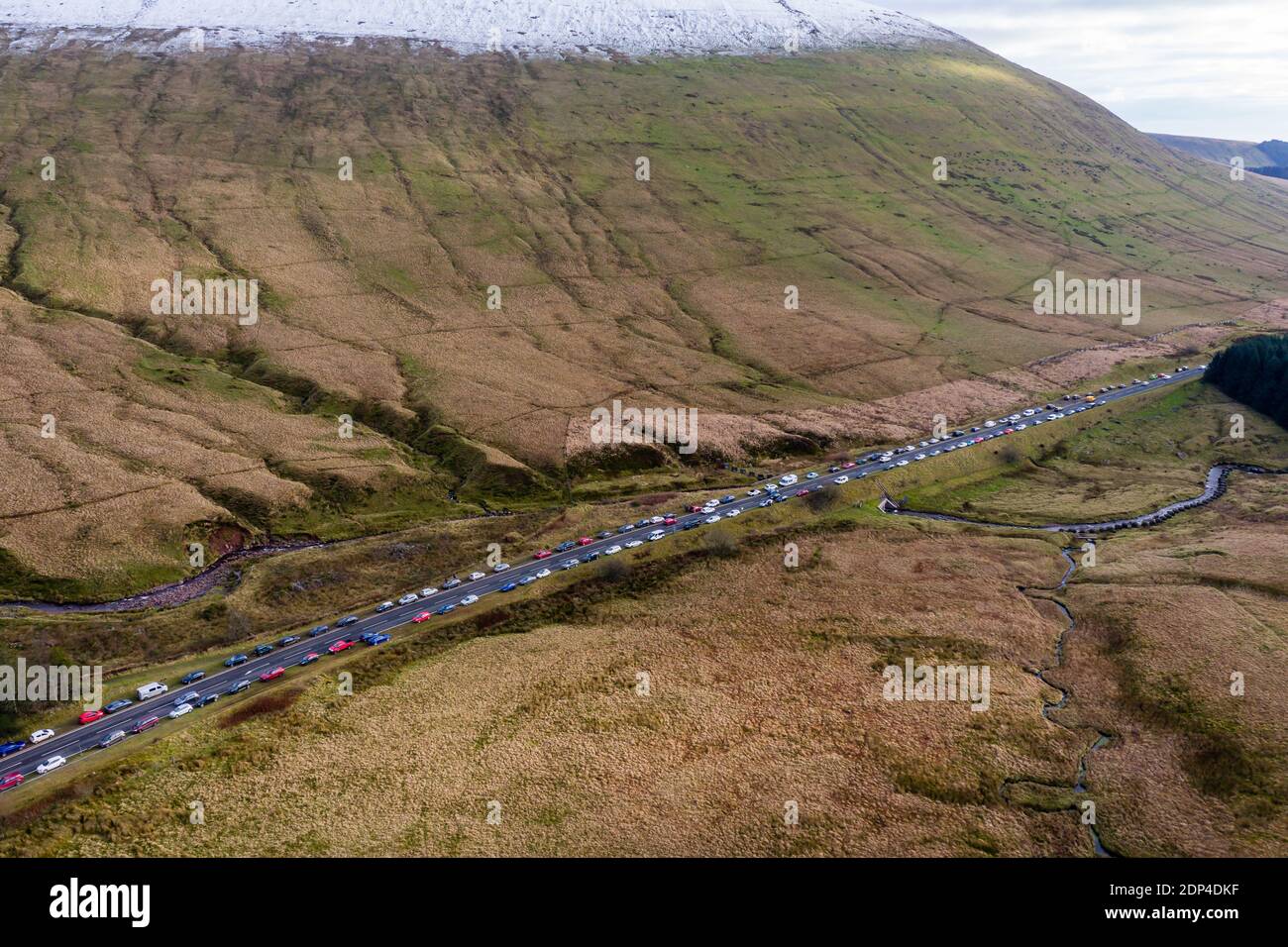 Aerial view of parked cars and congestion at PenyFan in the Brecon Beacons National Park in