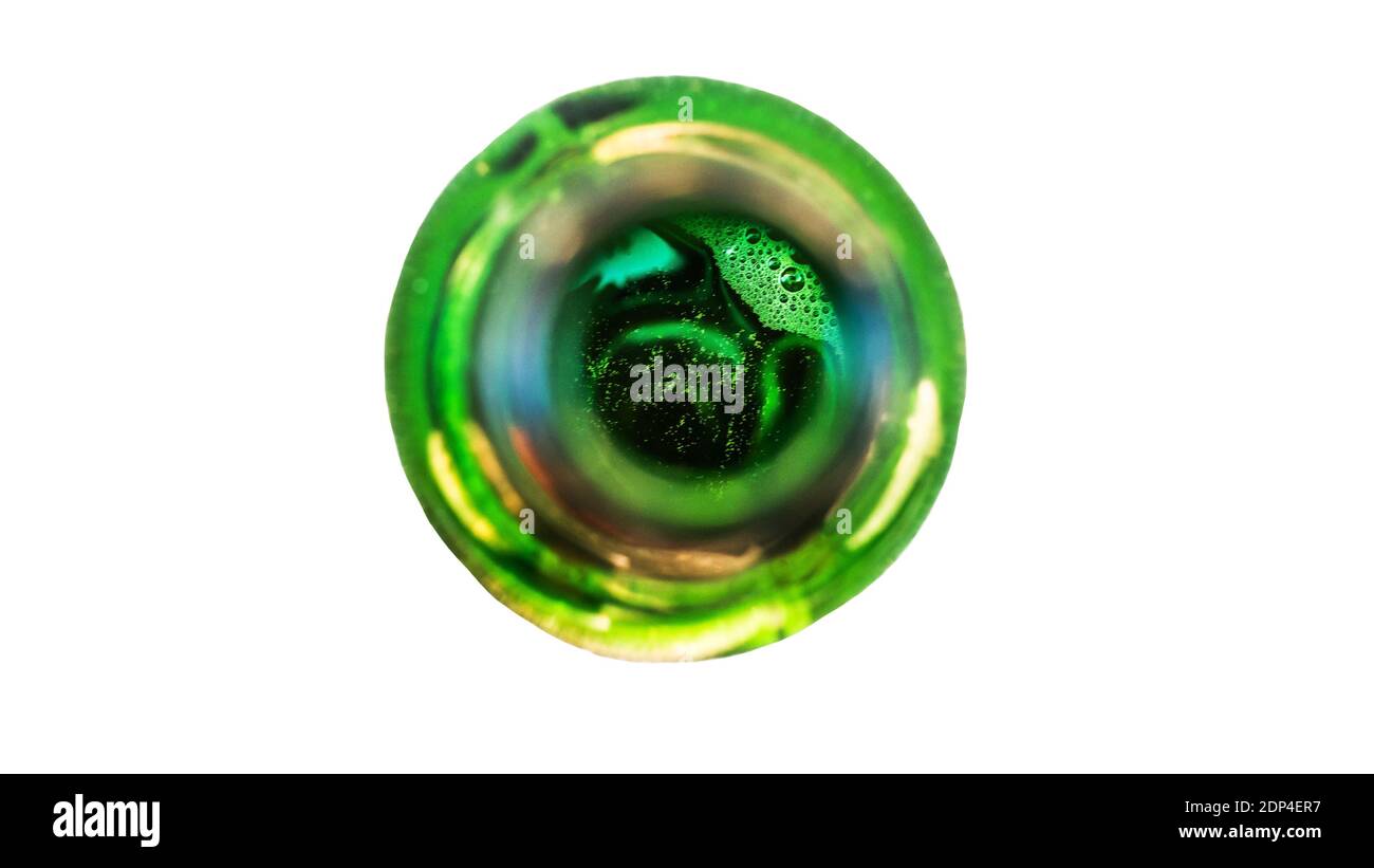 Beer bottle top view,light beer in a green bottle isolated on white