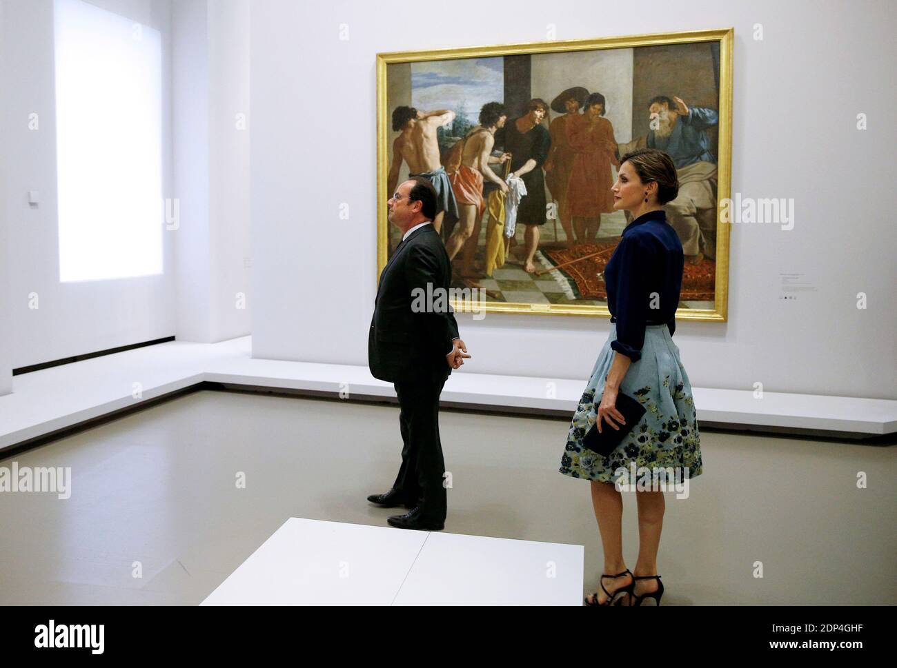 French President Francois Hollande and Queen Letizia of Spain pass by the painting 'La Tunique de Joseph' (Joseph's bloody coat brought to Jacob) as they tour the exhibition 'Velasquez - The golden age of Spanish art' at Grand Palais in Paris, France on June 2, 2015. Photo by Yoan Valat/Pool/ABACAPRESS.COM Stock Photo