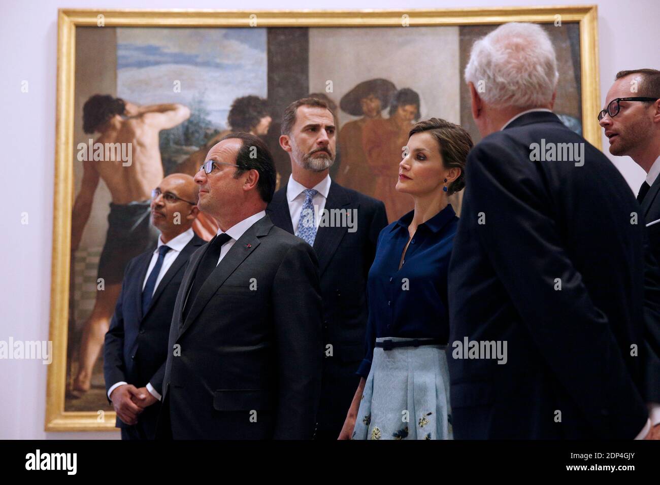 (L-R) French Junior Minister for European Affairs Harlem Desir, French President Francois Hollande, King Felipe VI and Queen Letizia of Spain pass by the painting 'La Tunique de Joseph' (Joseph's bloody coat brought to Jacob) as they tour the exhibition 'Velasquez - The golden age of Spanish art' at Grand Palais in Paris, France on June 2, 2015. Photo by Yoan Valat/Pool/ABACAPRESS.COM Stock Photo