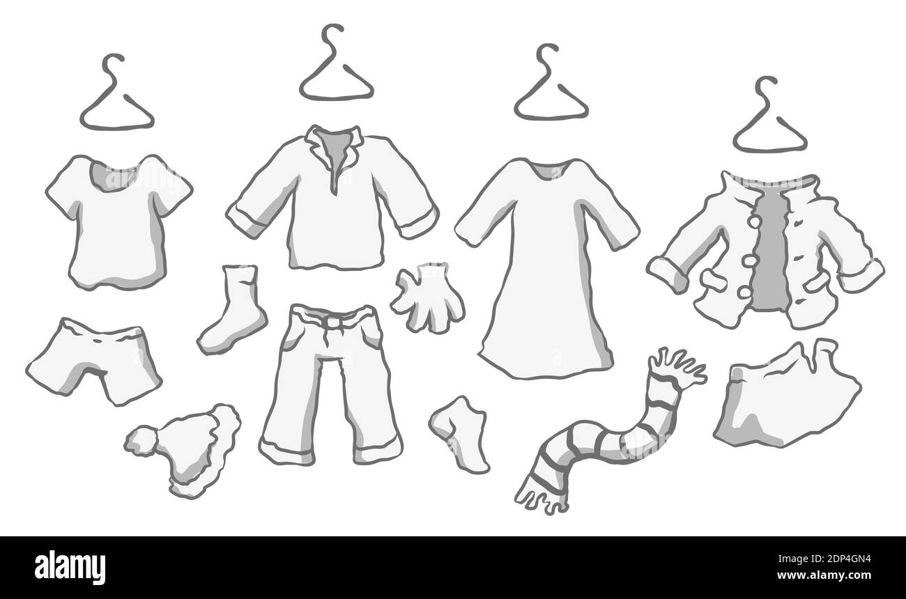 Clothing items cartoon design element set, isolated vector, black and white,  horizontal Stock Vector Image & Art - Alamy
