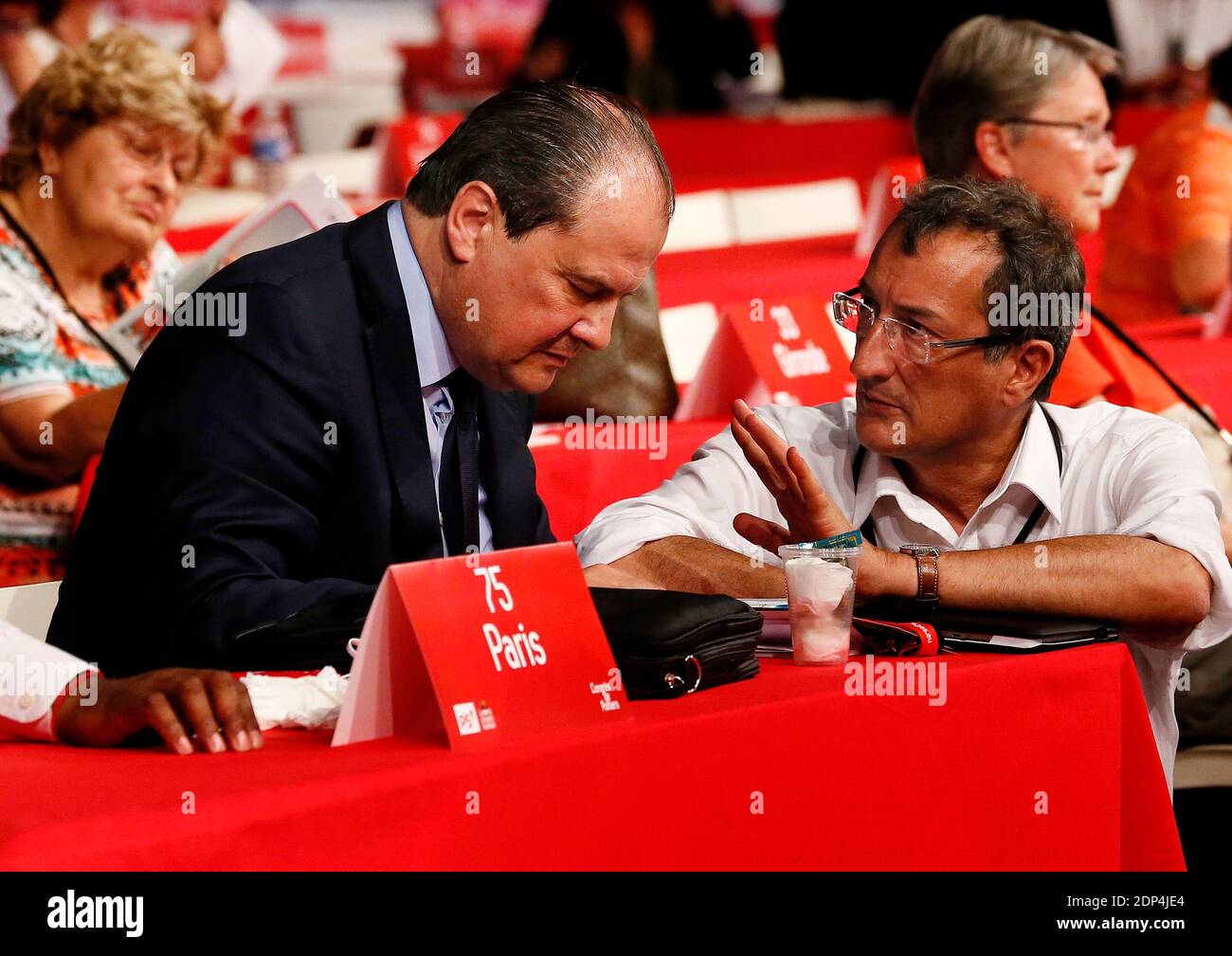 Jean-Christophe Cambadelis and Francois Lamy attending the 77th French  Socialist Party National Congress in Poitiers, France on June 5, 2015.  Socialist party delegates and congressmen attend a three-day congress to  forge a