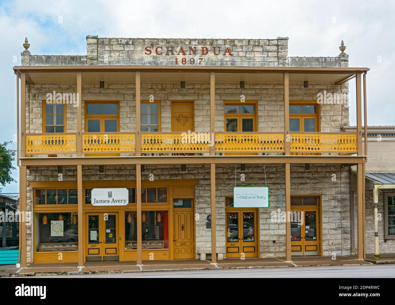 Texas, Gillespie County, Fredericksburg, downtown, Main Street, Schandua Building 1897, shops Stock Photo