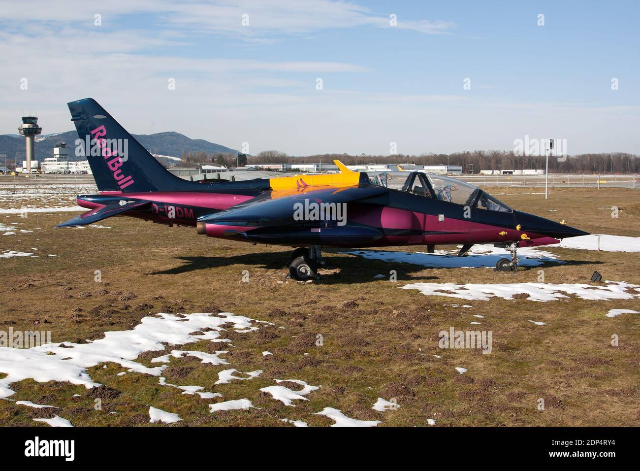 The Flying Bulls Dassault-Breguet-Dornier Alpha Jet E demilitarized by Red Bull and used for exhibitions, airshows, and static expositions. Stock Photo