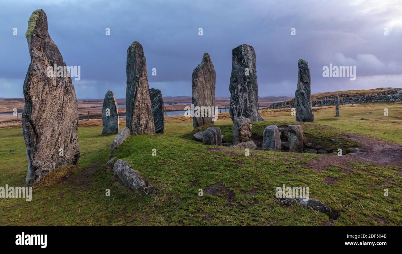 Ancient 3000 BC circle of Stones late December  Isle of Lewis Stock Photo