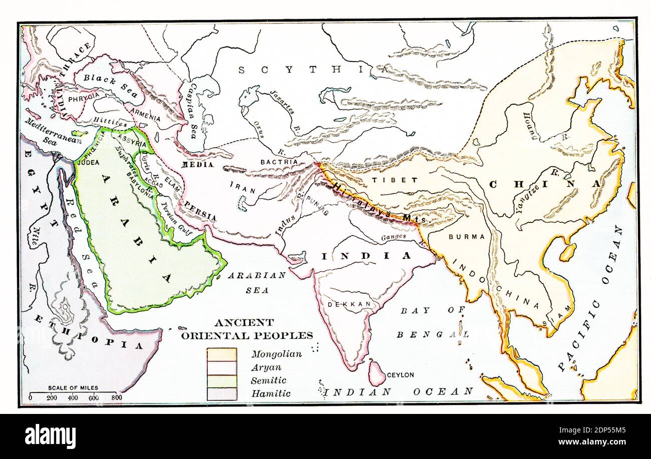 Ancient Oriental Peoples. According to the legend on this early 1900s map: Orange - Mongolian; pink-Aryan; green-Semitic; purple-Hamitic. Stock Photo