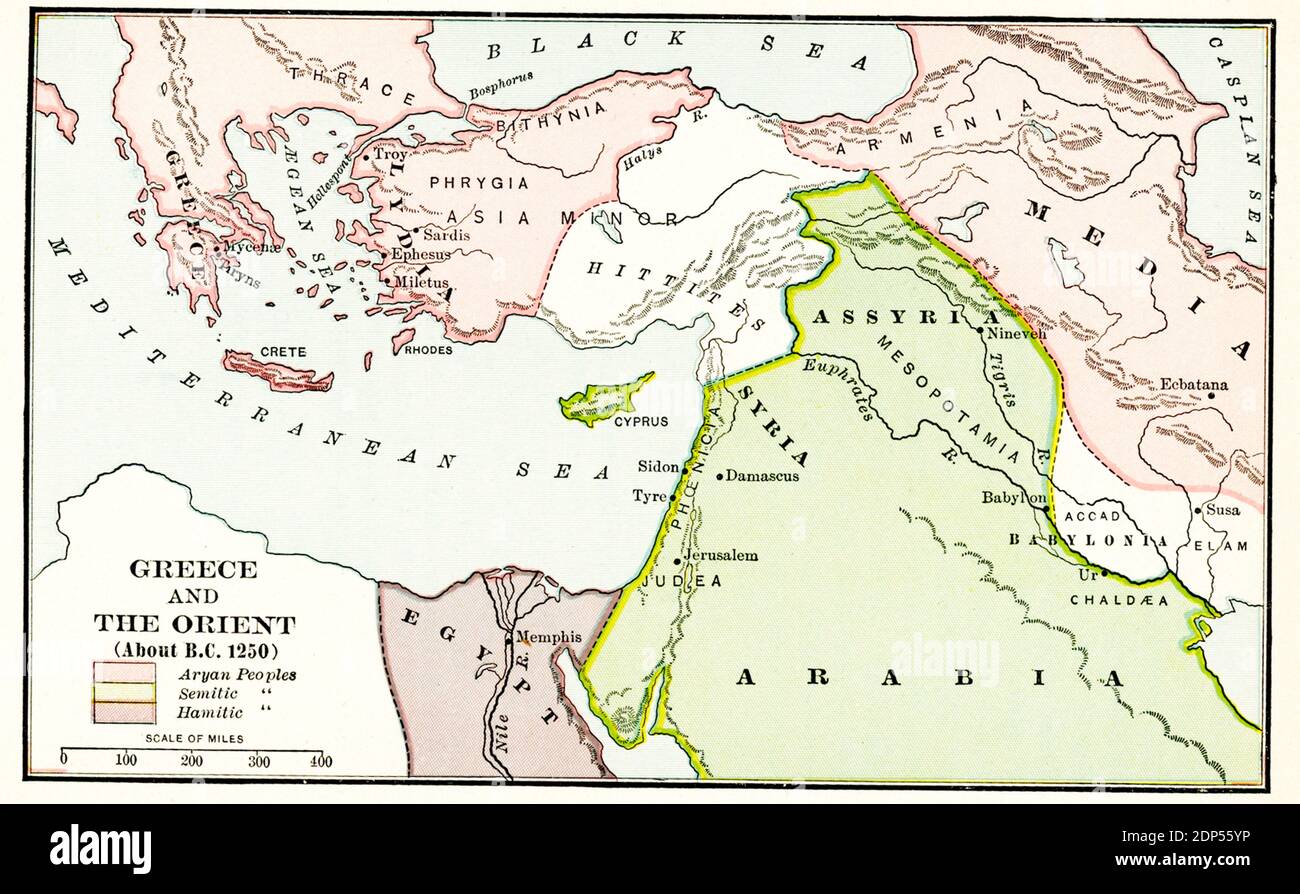 Greece and the Orient about B.C. 1250. The legend for this early 1900s map reads: Pink-Aryan peoples; green- Semitic peoples; Purple - Hamitic peoples Stock Photo