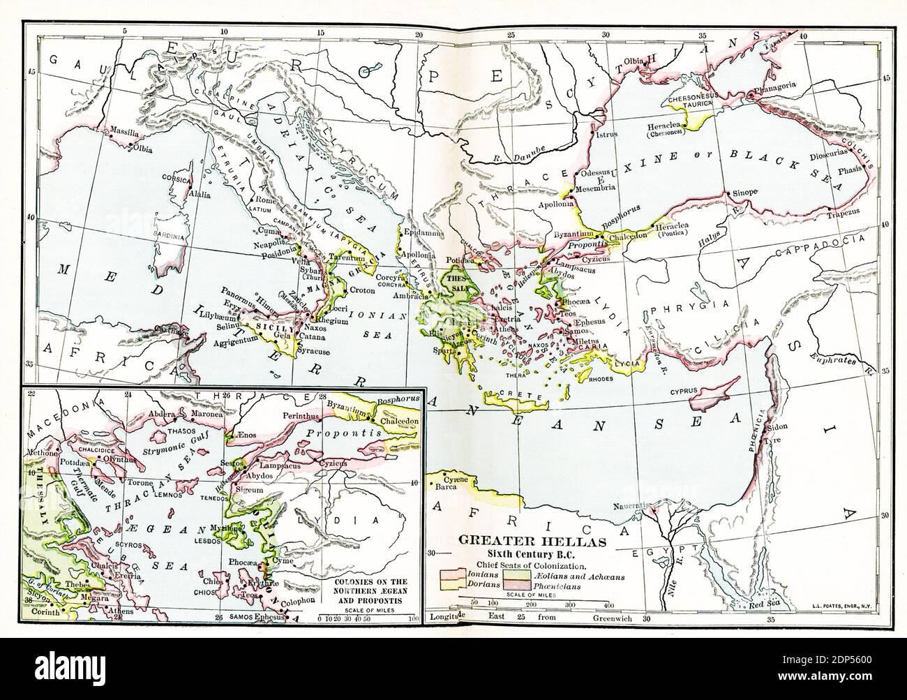 Greater Hellas Sixth Century B.C. The legend on this early 1900s map reads: Chief Seats of Colonization. Pink: Ionians; Green-Aeolians and Achaeans; Yellow-Dorians; Purple-Phoenicians.  Inset map: Colonies of the Northern Aegean and Propontis Stock Photo