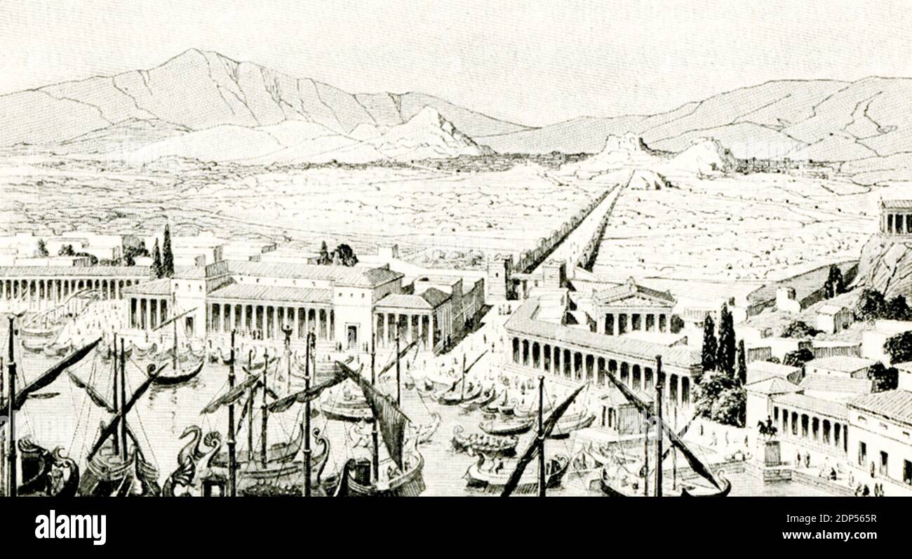 This early 1900s illustration shows a reconstructed view of Piraeus, the port of ancient Athens. Stock Photo