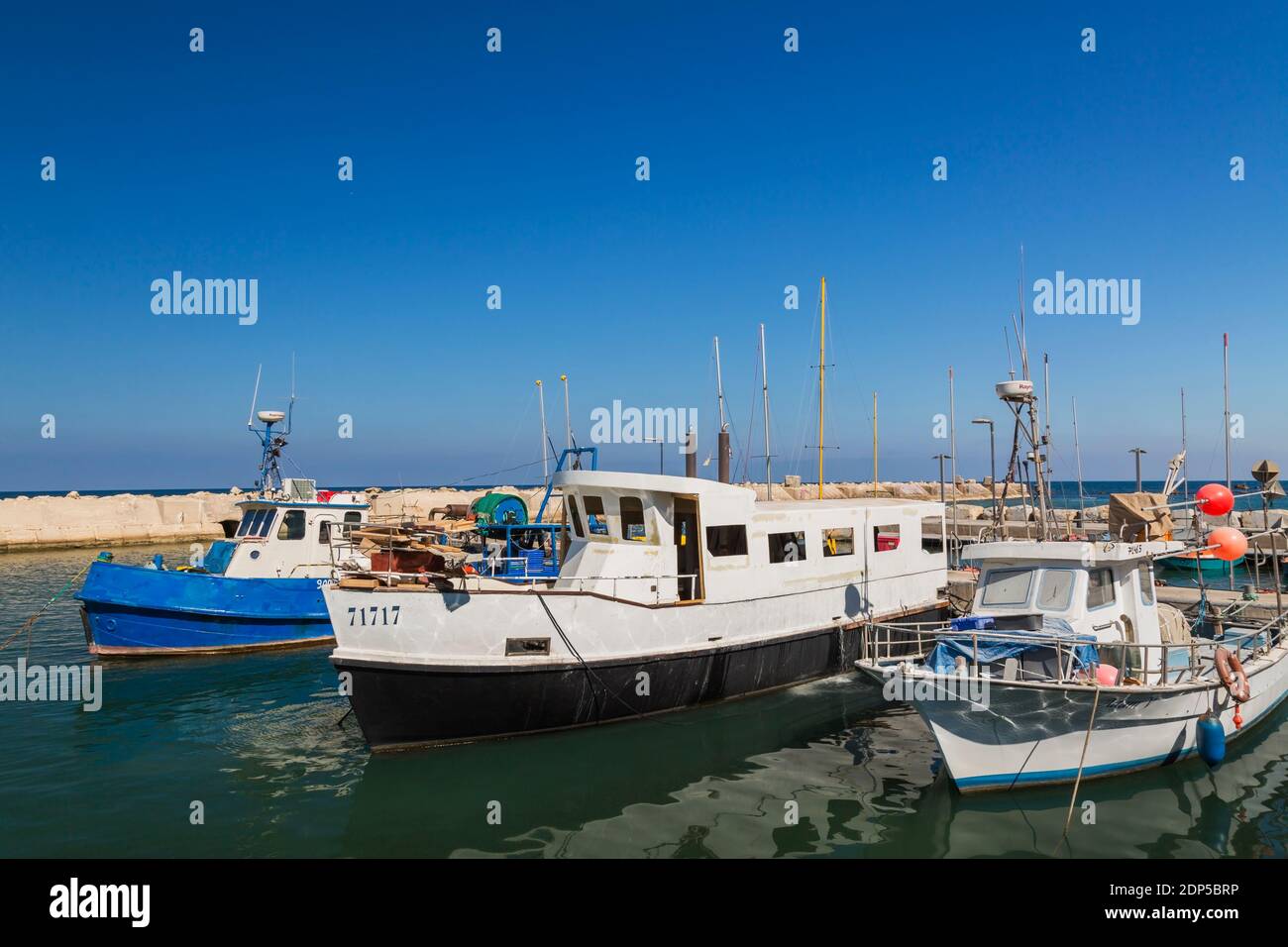 Docked fishing boats, Jaffa port, Israel Stock Photo