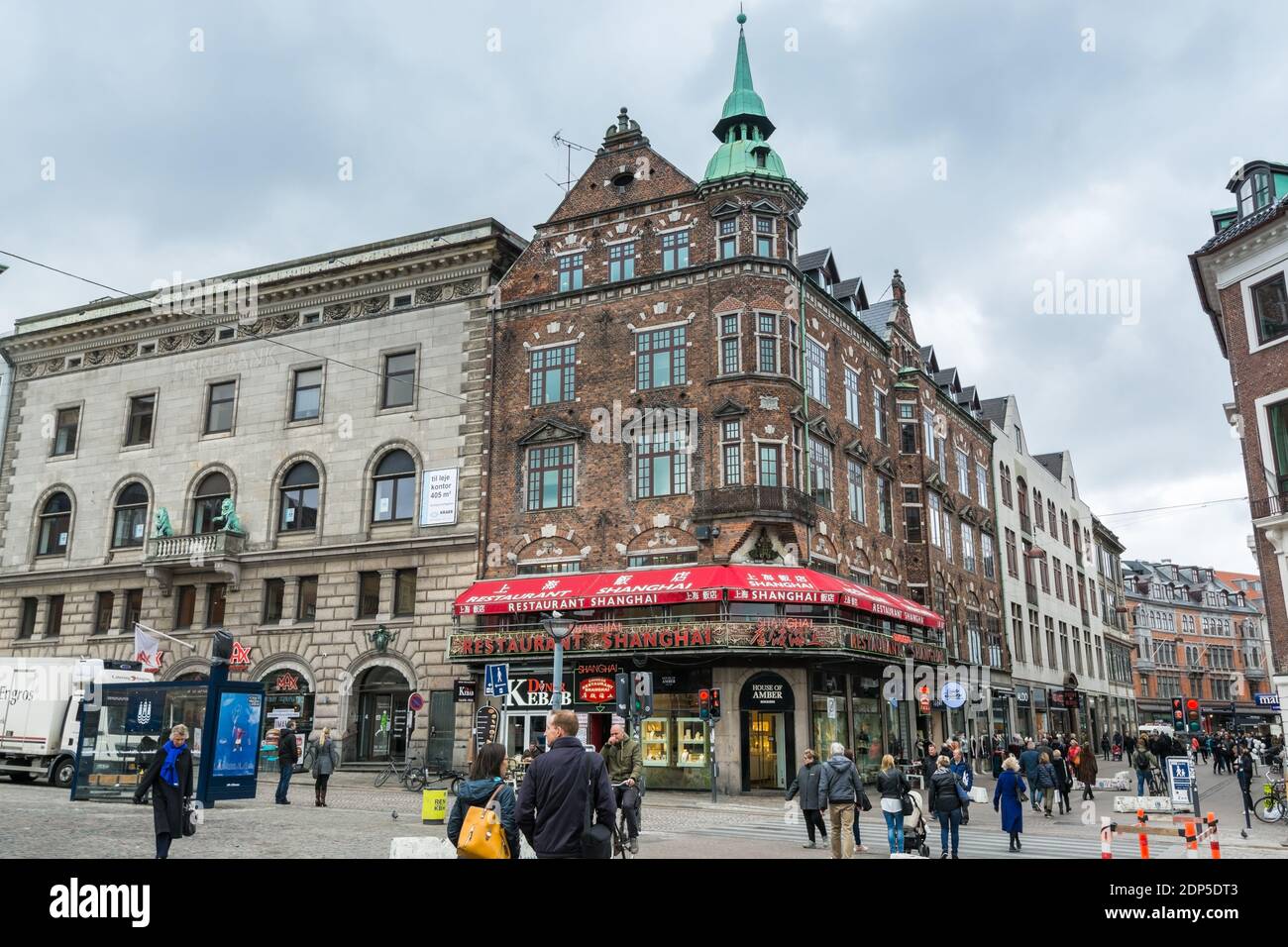 Street view with Chinese restaurant in the old downtown of Copenhagen