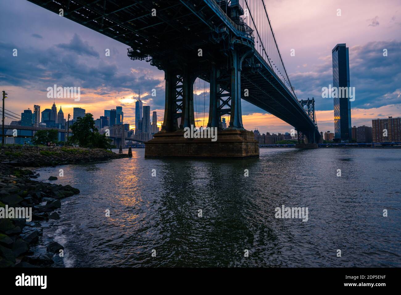 View on Lower Manhattan, Brooklyn Bridge and Manhattan Bridge from the DUMBO Brooklyn, NY Stock Photo