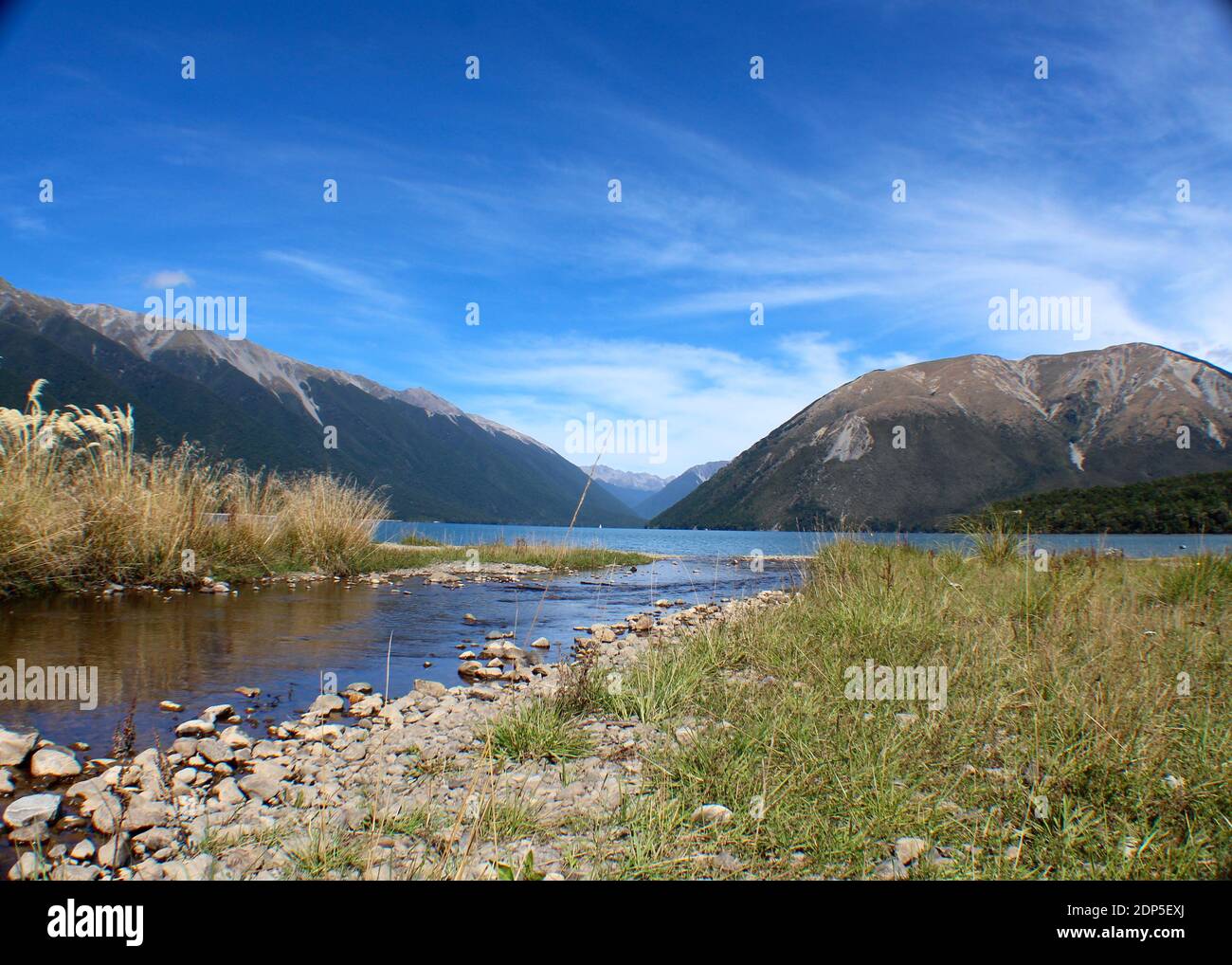 View of Mountains surrounding northern end of Lake Rotoiti in Nelson Lakes National Park, New Zealand Stock Photo