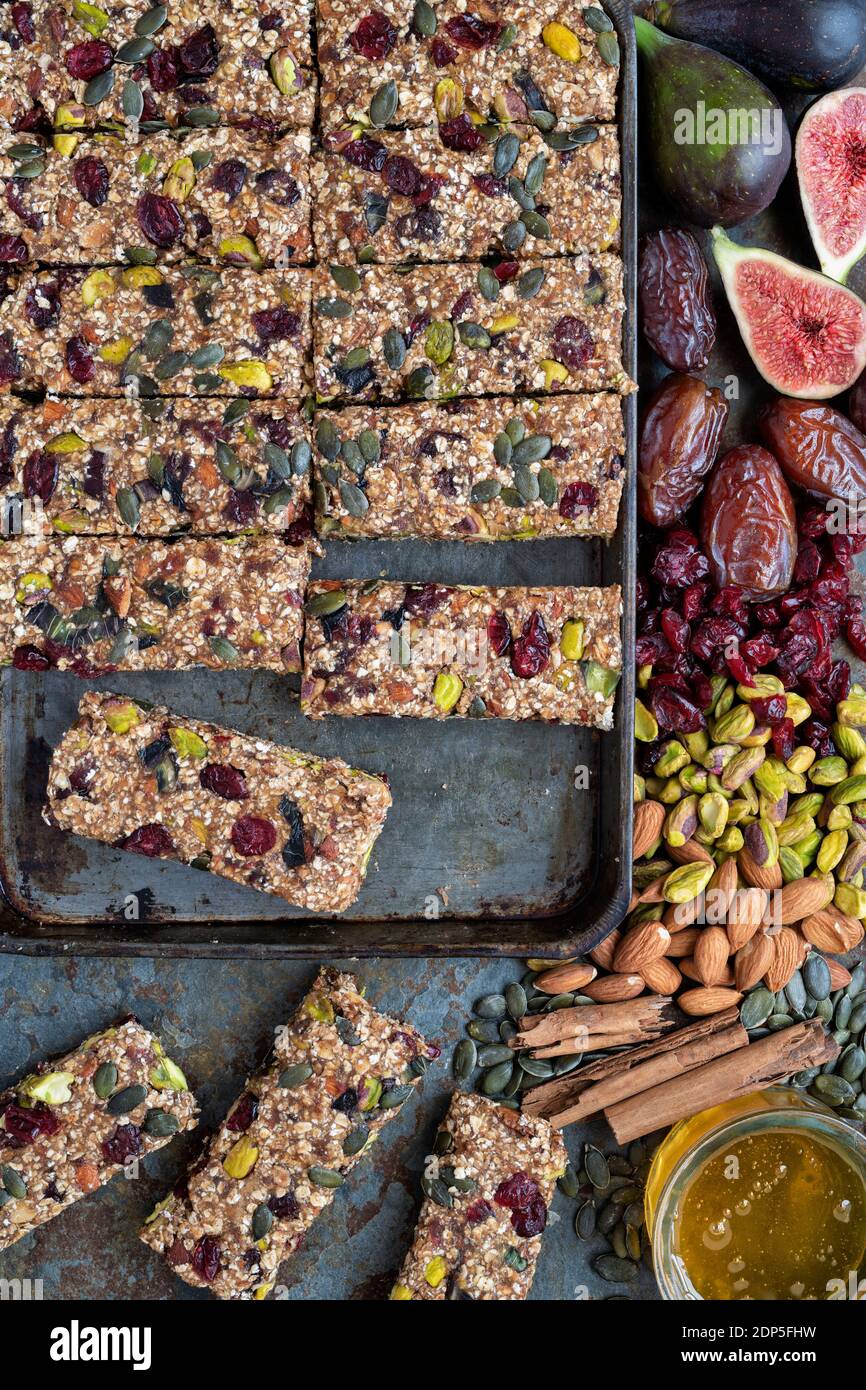 Homemade vegan  granola bars and ingredients Stock Photo