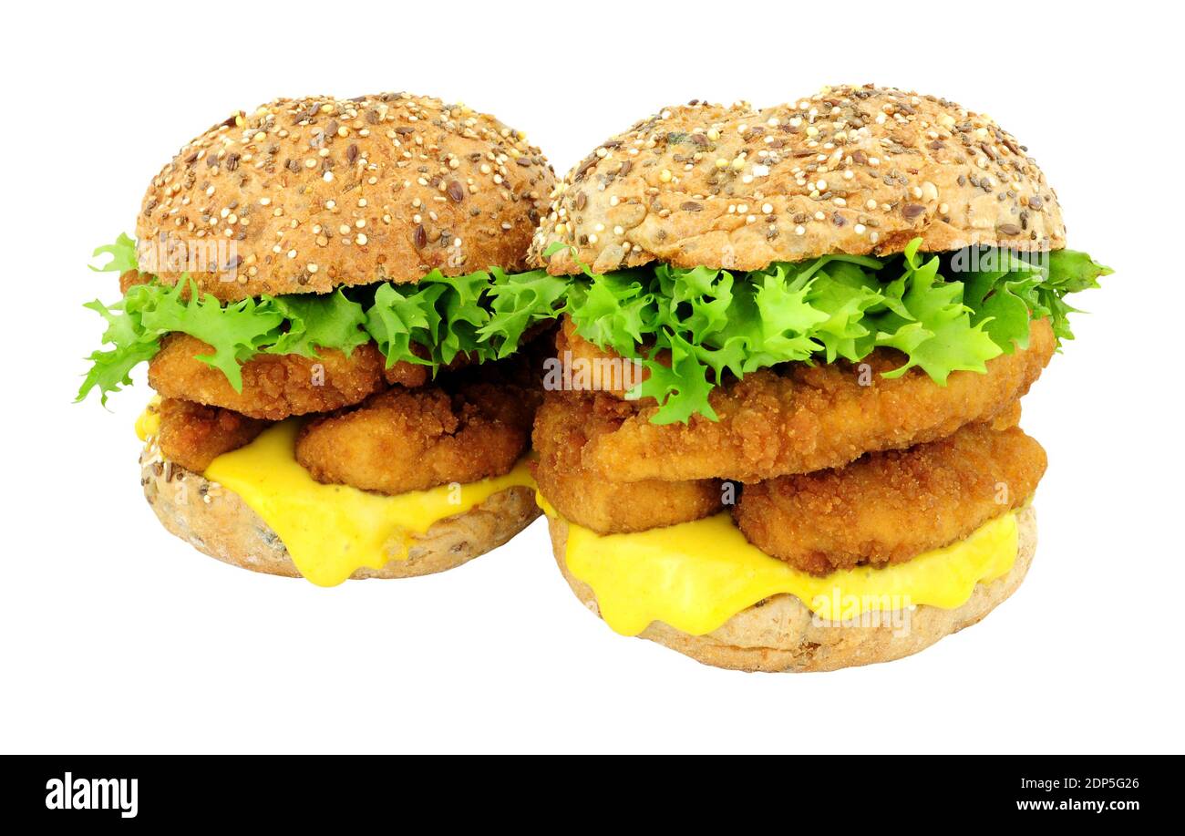 Breadcrumb covered chicken fillet sandwiches in multigrain seed covered