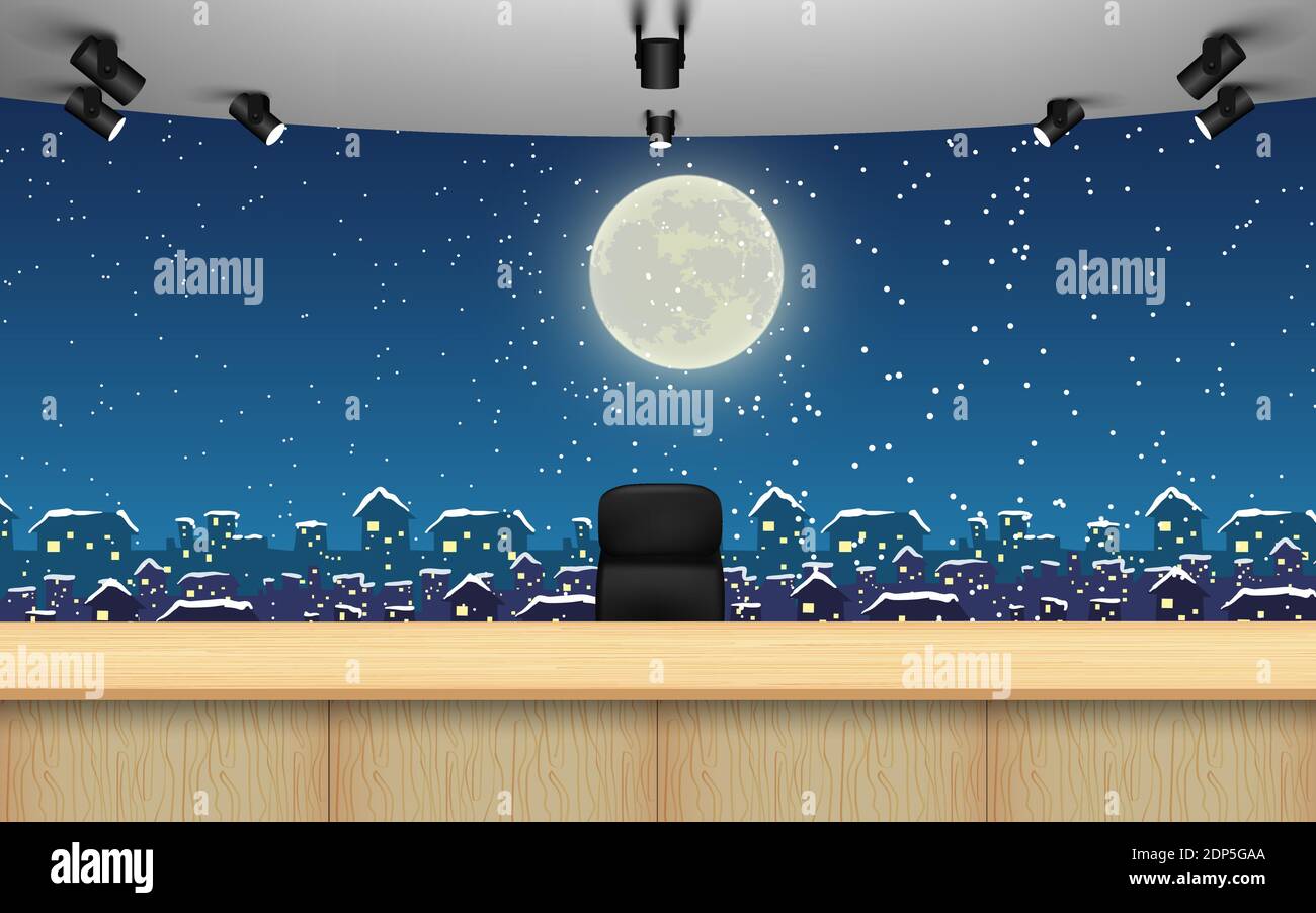 weater news studio room with the snow fall at the city background Stock ...