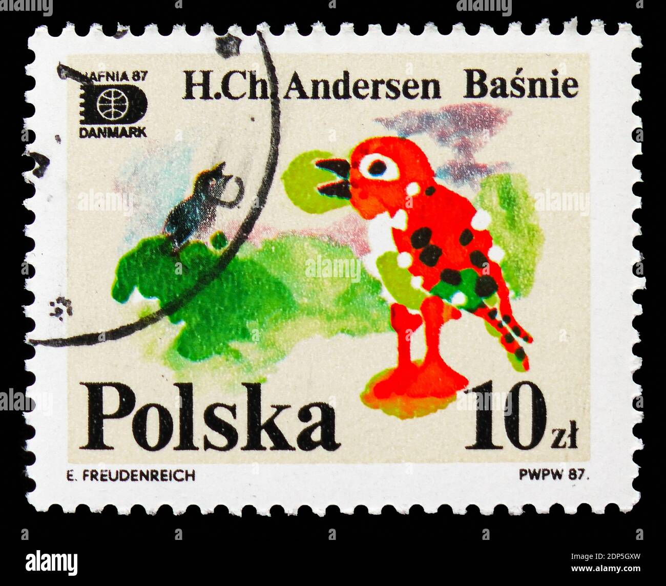 MOSCOW, RUSSIA - SEPTEMBER 15, 2018: A stamp printed in Poland shows The Nightingale, HAFNIA '87, Fairy Tales By H.C.Andersen (1805-1875)serie, circa Stock Photo
