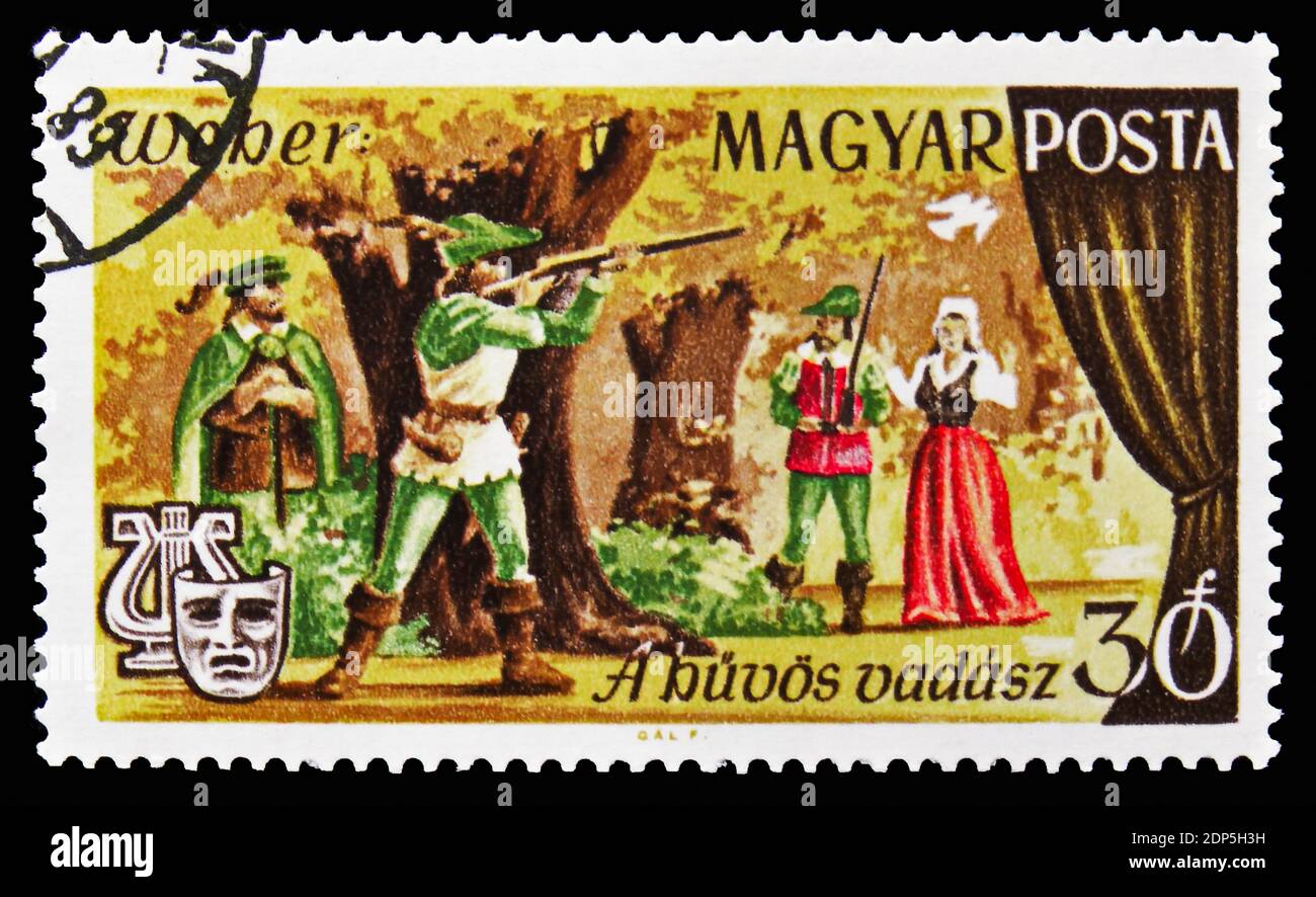 MOSCOW, RUSSIA - SEPTEMBER 15, 2018: A stamp printed in Hungary shows Free contactor by Weber, Opera Scenes serie, circa 1967 Stock Photo