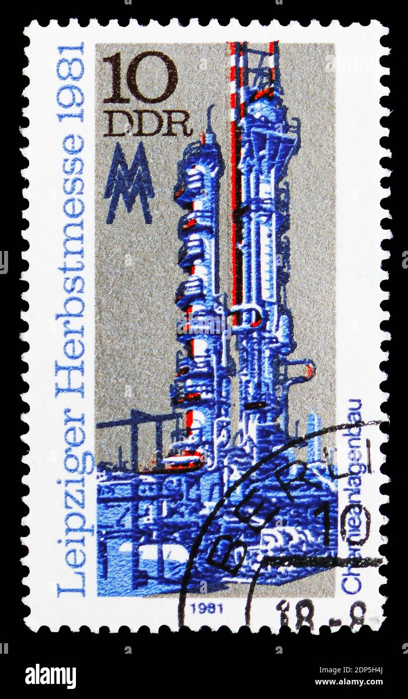 MOSCOW, RUSSIA - SEPTEMBER 15, 2018: A stamp printed in DDR (Germany) shows Chemical plant Leipzig Grimma, Leipzig Autumn Fair serie, circa 1981 Stock Photo