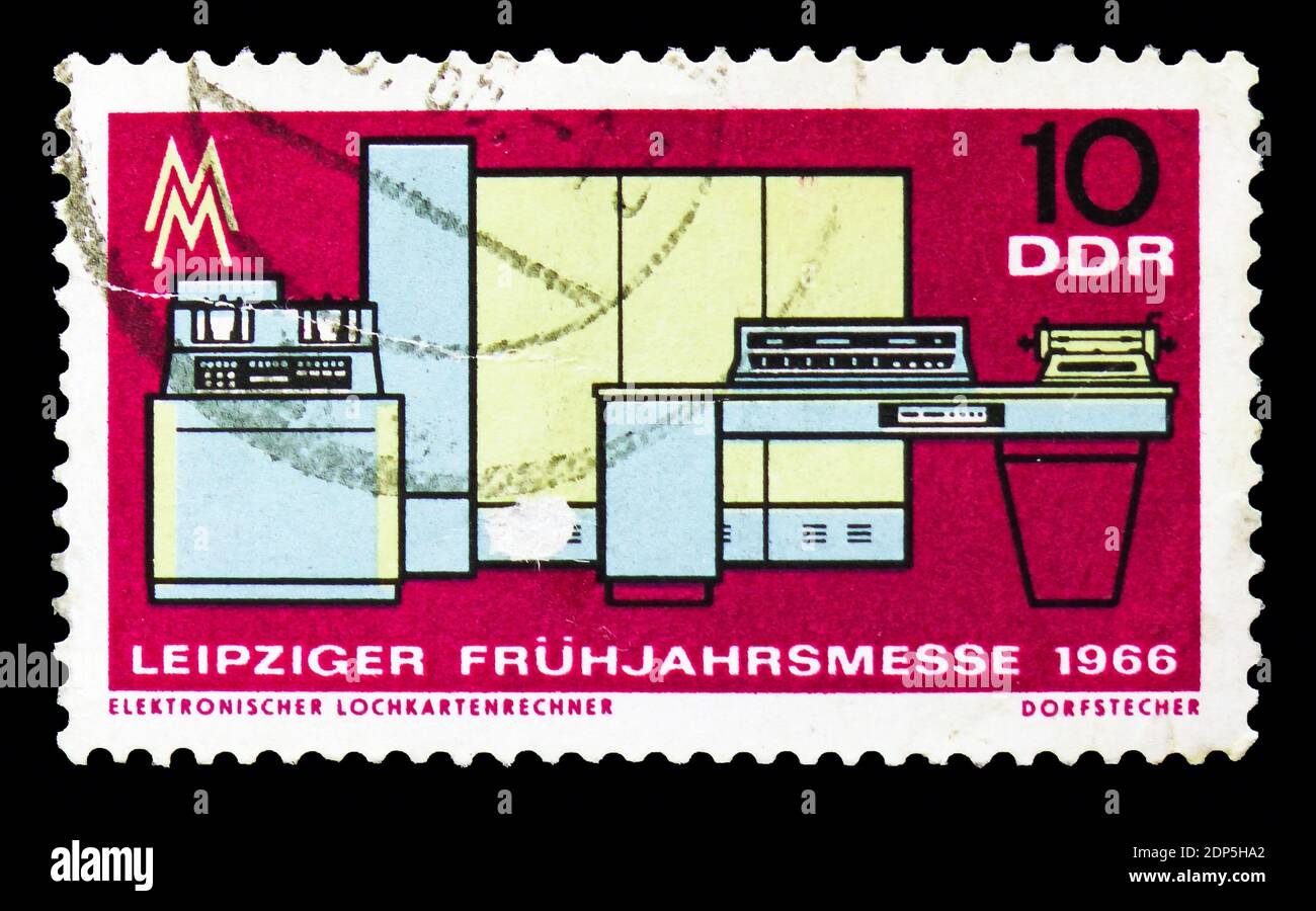 MOSCOW, RUSSIA - SEPTEMBER 15, 2018: A stamp printed in DDR (Germany) shows Computer Punch Cards, Leipzig Spring Fair serie, circa 1966 Stock Photo