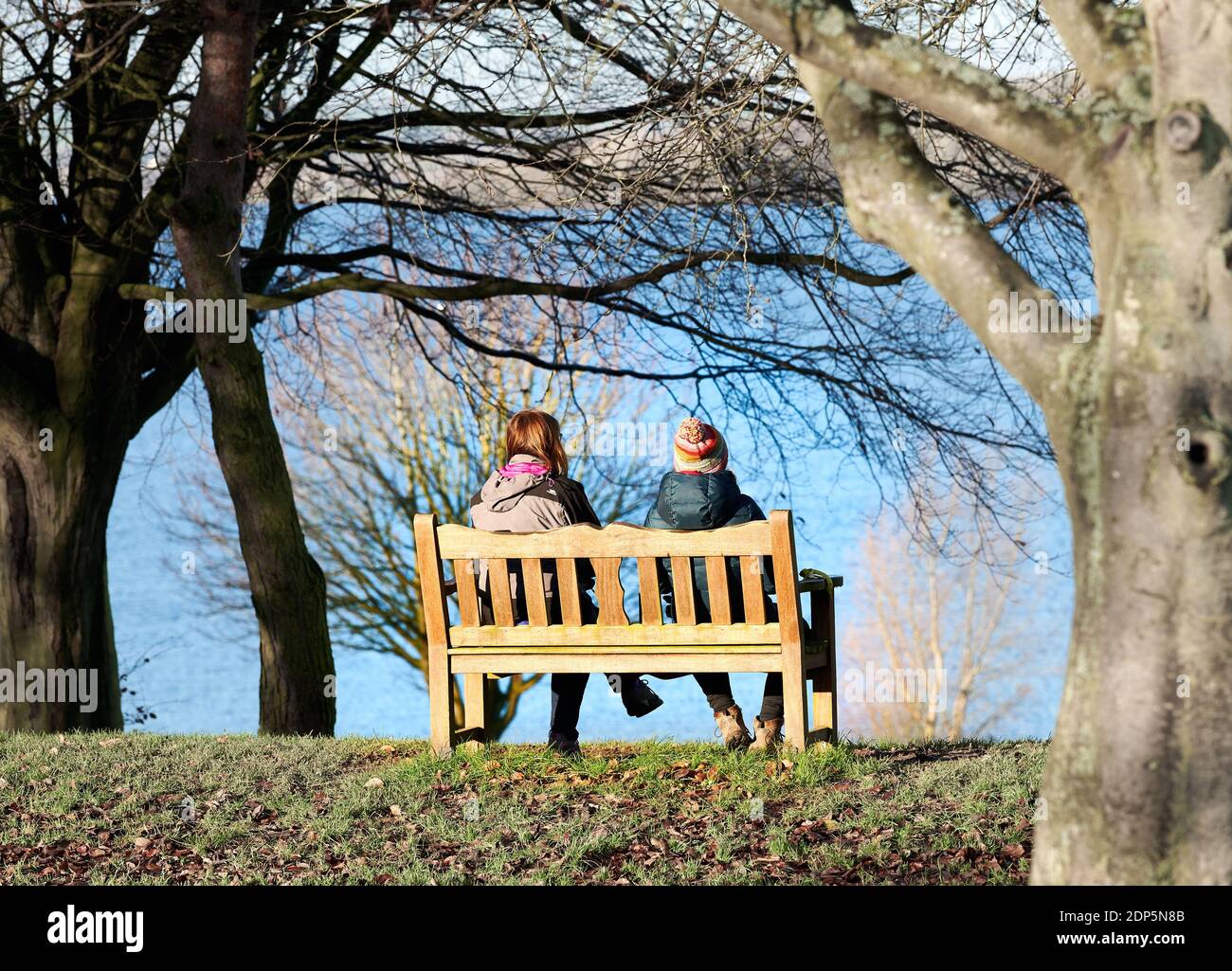 A couple of friends share conversation and companionship on a wooden bench above a lake on a sunny winter day. Stock Photo
