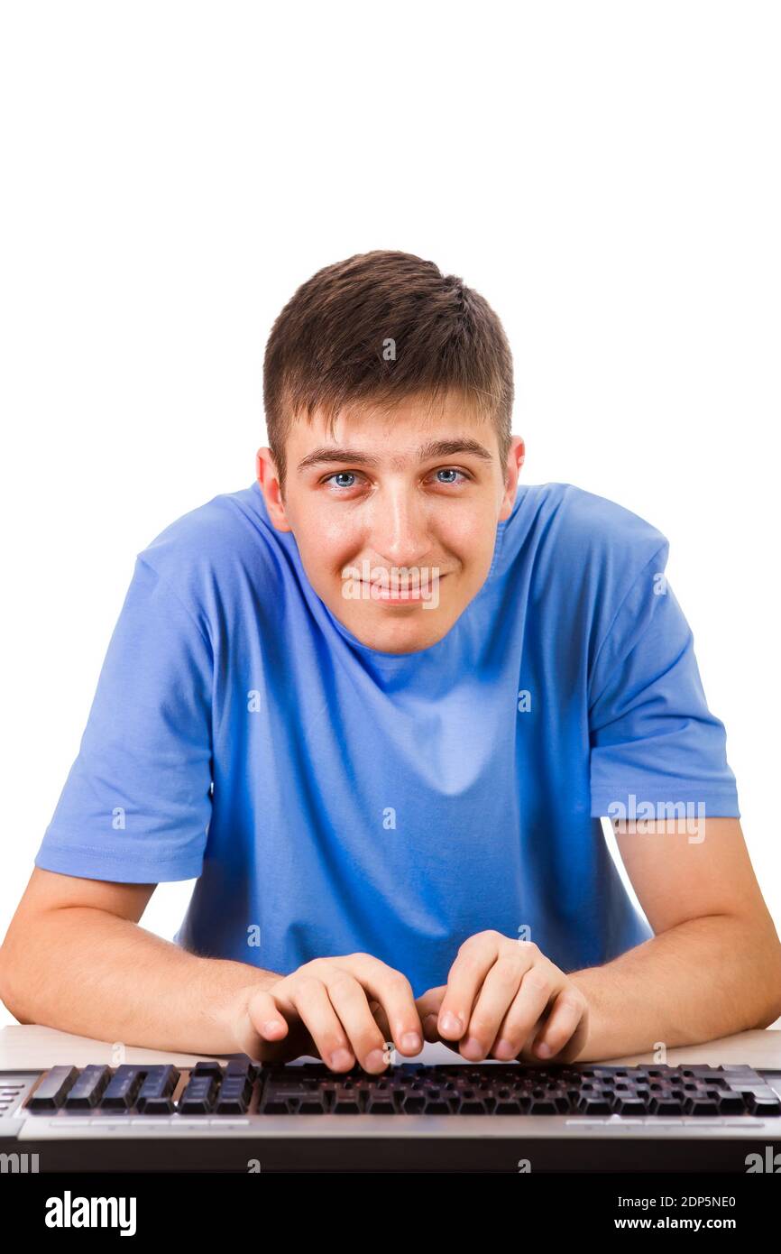 Young Man with a Computer Keyboard on the White Background Stock Photo ...