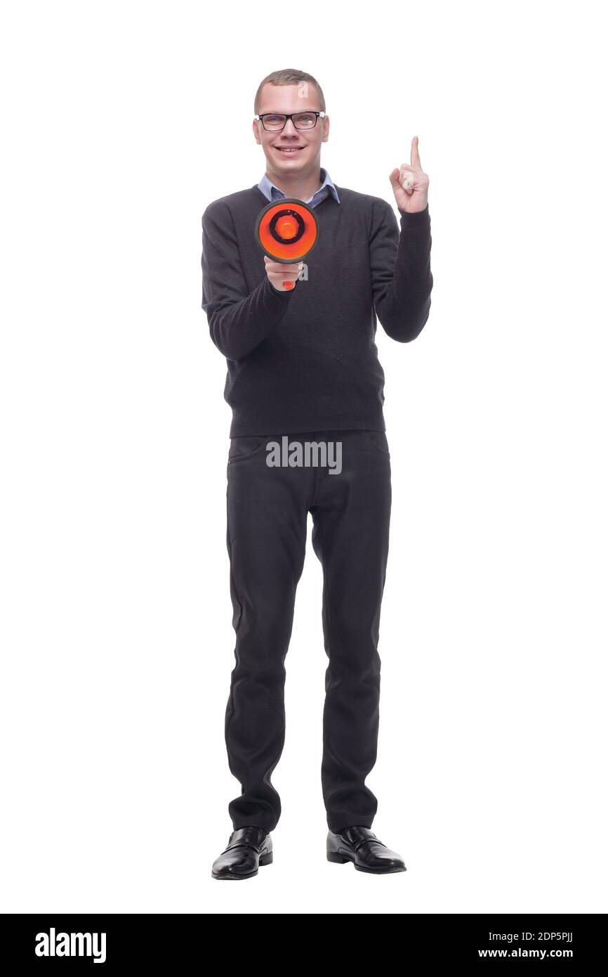 Happy man making announcement over a megaphone Stock Photo