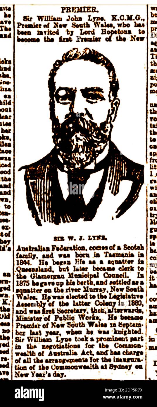 1900. A biographical press report and portrait of William John Lyne (1844-1913), Premier of New South Wales, Australia  who had been invited to become the 1st Federation Premier of the new Australian Federation. A former squatter in the Murray Valley who came from a Scottish family, he is  best known as the subject of the 'Hopetoun Blunder', for being asked to serve as the first Prime Minister of Australia but failing to form a government. Stock Photo