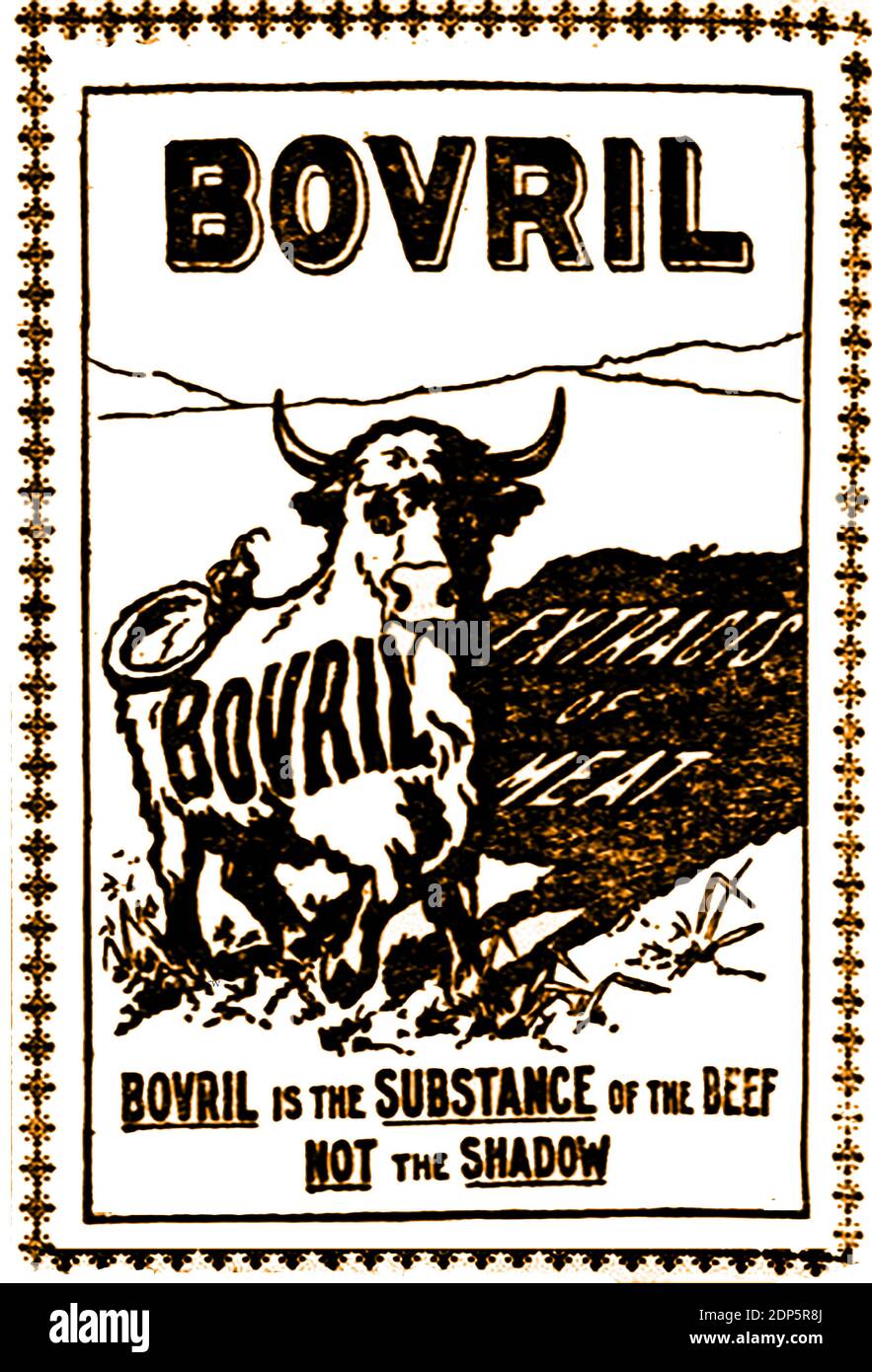 A British c1899 newspaper advertisement for Bovril meat extract . It featured the Bovril Bull and the claim that 'Bovril is the substance of the beef, not the shadow'.    In 1870, during the Franco-Prussian War, Napoleon III ordered one million cans of beef to feed his troops. The task went to John Lawson Johnston, a Scotsman living in Canada. Transport and storage being a problem, Johnston created an extract  known as 'Johnston's Fluid Beef', later called Bovril, which readily found huge sales in British grocers,  public houses,  and  chemists (for use as a tonic food for invalids). Stock Photo