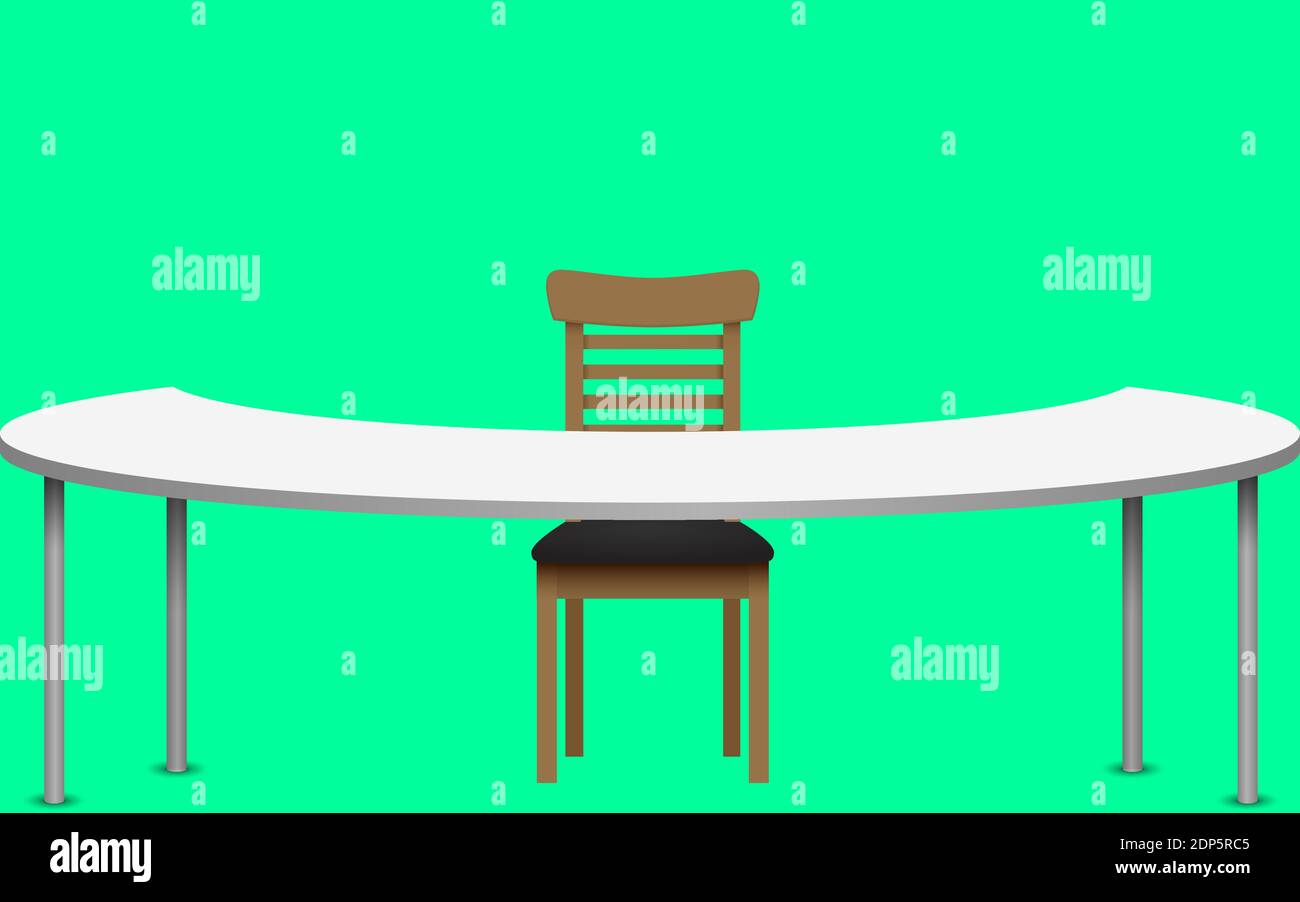 white table and wooden chair on the green background Stock Vector
