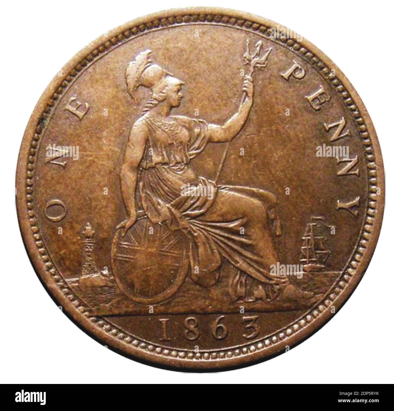 A Victorian pre-decimal British copper coin worth one penny. It featured  Brittania holding a trident and sitting on a union jack (union flag) shield. To her left is a lighthouse (many lighthouses , e.g  Eddystone, were allowed to extract a penny toll from each passing ship to pay for their building costs and maintenance. To her right is a sailing ship. The front of the coin showed the monarch's head.Britannia  is a cultural icon and was used as an emblem of British maritime power and unity. Stock Photo