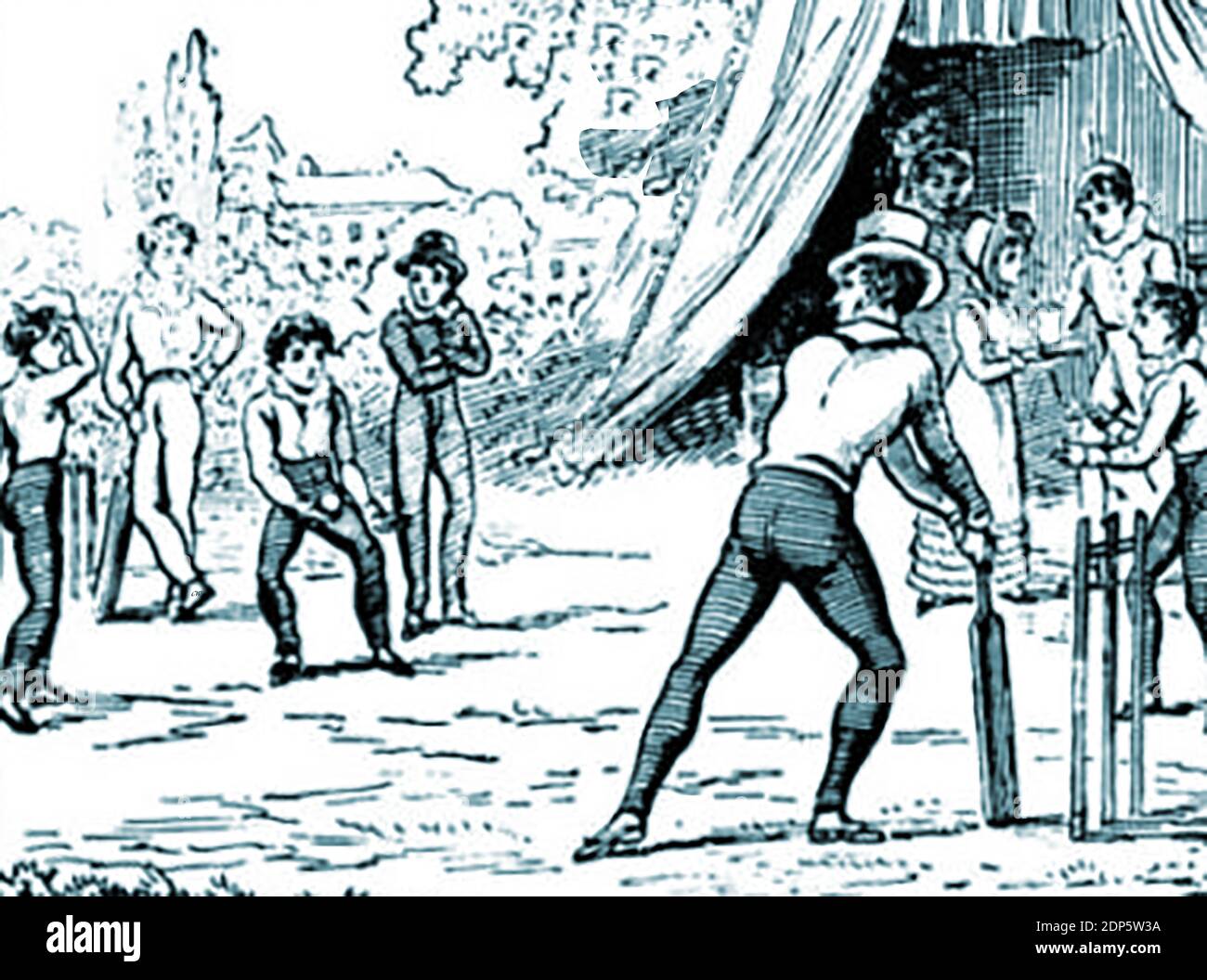 Men and boys playing a game of cricket circa 1770 at an English  country fair - The sport has a long history with the first known mention of it being made in 1550 in evidence given at a legal case at Guildford, Surrey, regarding the use of a parcel of land . A coroner  John Derrick, testified that he had played cricket on that land as a boy. The players in this picture appear to date after the late 1760's as the ball was bowled along the ground until that time when the sport was considered not only a leisure activity, but also a  gambling opportunity Stock Photo