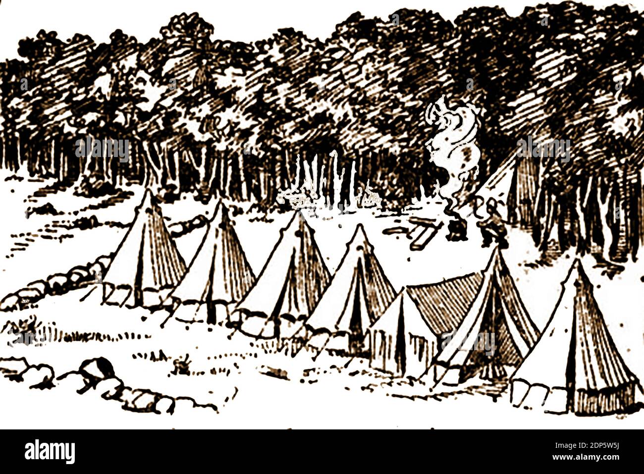 A sketch of the 7th company camp at Daspoort in 1900, now a suburb of City of Tshwane. It was  created in 1897 on the farm area of the same name. The area was discovered in 1836 by Andries Pretorius and named after the rock hyrax or Dassie, a medium-sized terrestrial mammal native to Africa and the Middle East . The nearby Daspoort Tunnel is named after the suburb. Stock Photo