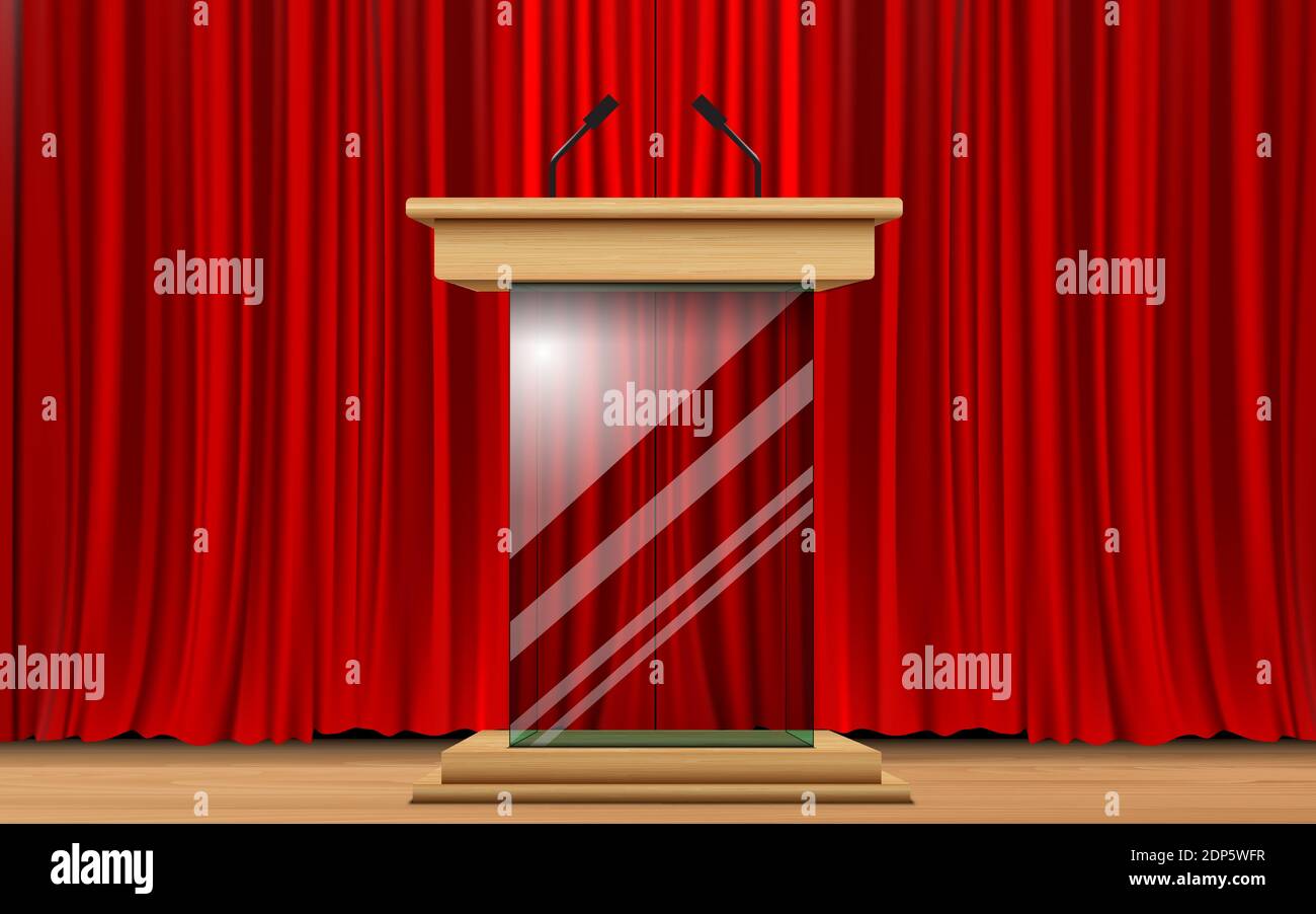 glass announcement podium and red curtain on the wooden stage Stock ...