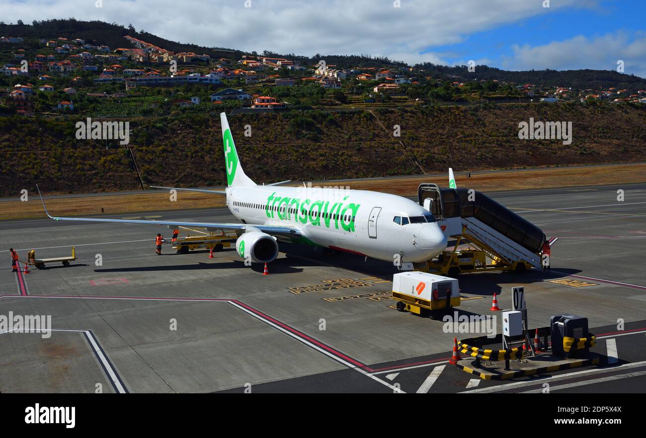 Transavia France' s Boeing 737-800 being loaded at  Madeira-Funchal Airport. Stock Photo