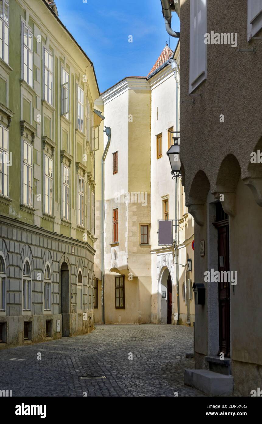 old street in the historic city core of Krems situated in the part of the  danube valley called Wachau, Austria Stock Photo