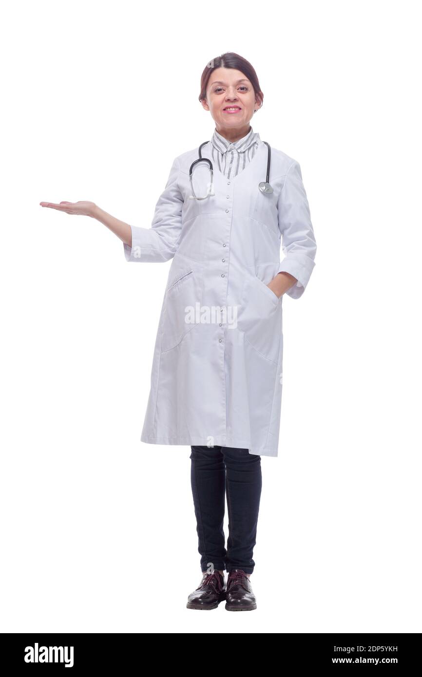 Portrait of friendly, smiling confident female doctor, healthcare professional with labcoat and stethoscope Stock Photo