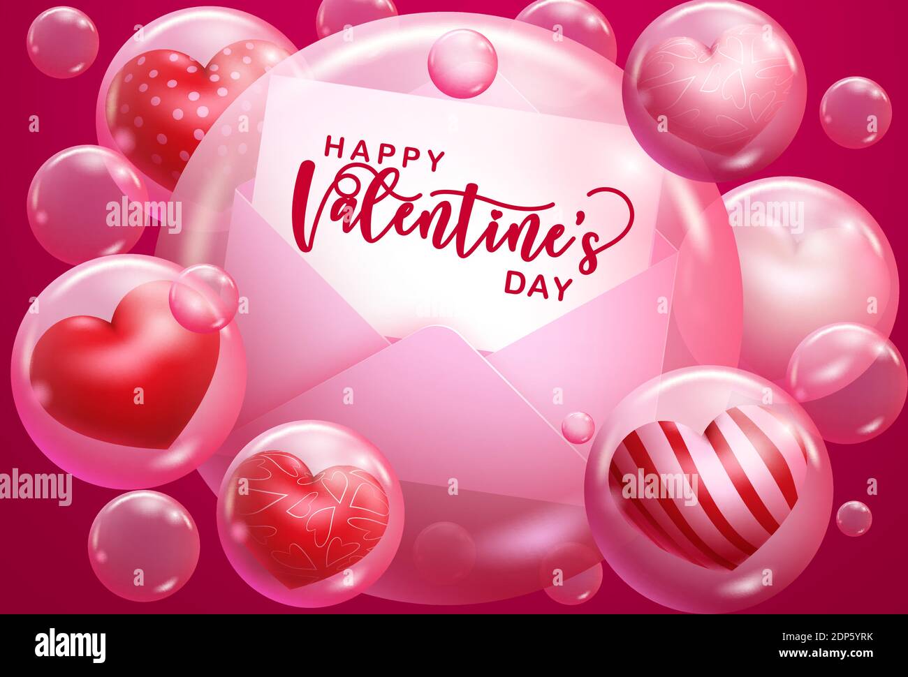 Valentine's day vector background design. Happy valentine's day typography text in greeting card with 3d heart in bubble element. Stock Vector