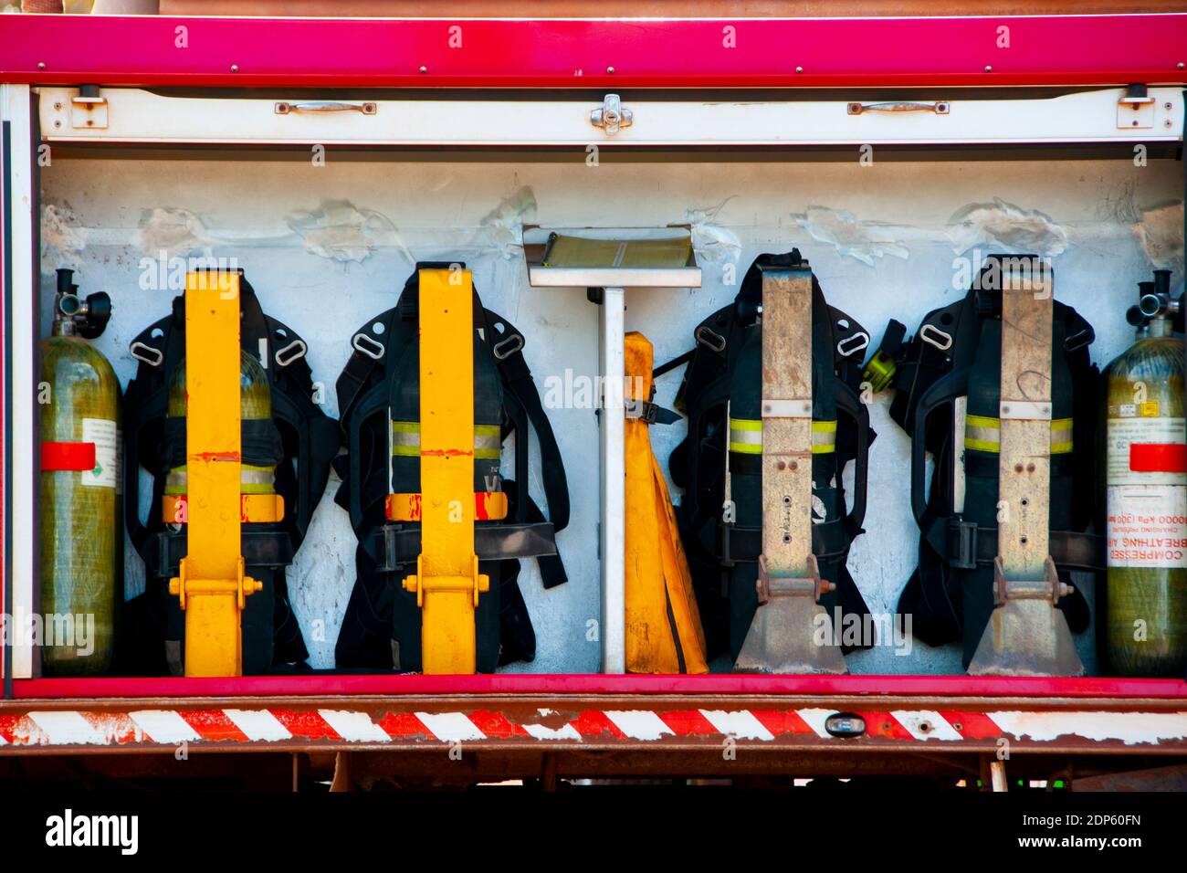 Self-Contained Breathing Apparatus Stored in a Firetruck Stock Photo