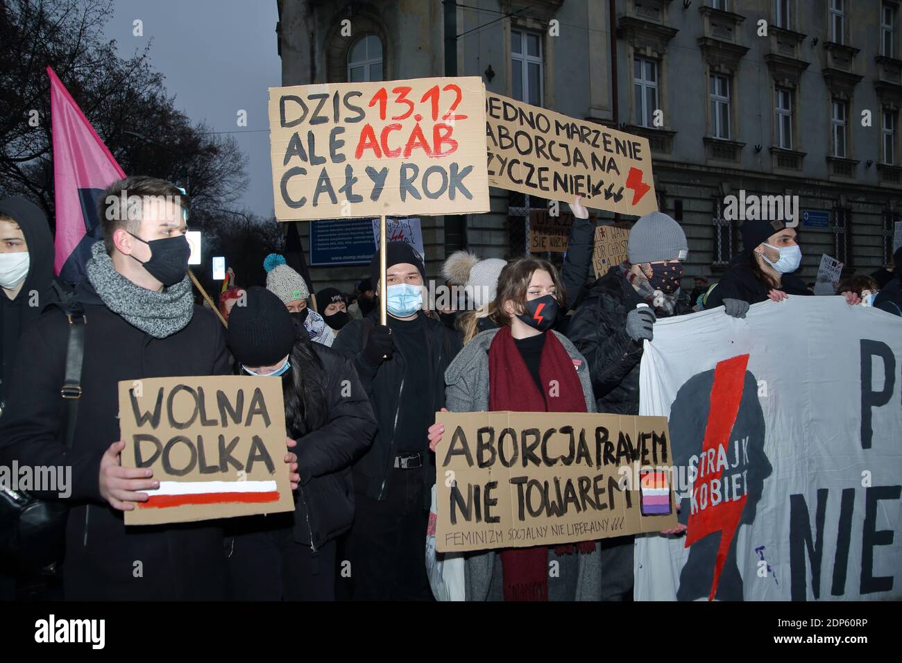Krakow, Poland - December 13 2020: Demonstartion pro choice, anti-government and Law and Justice party organzied by Women Strike in Krakow, banners Stock Photo