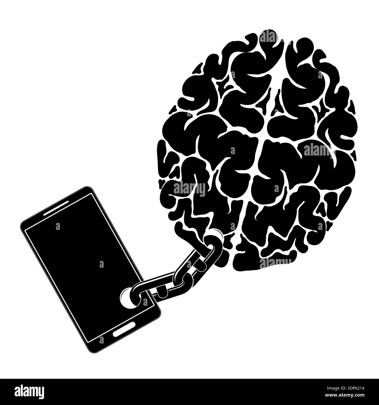 An image of the brain chained to the phone. A person dependence on a gadget or cell phone. Stock Vector