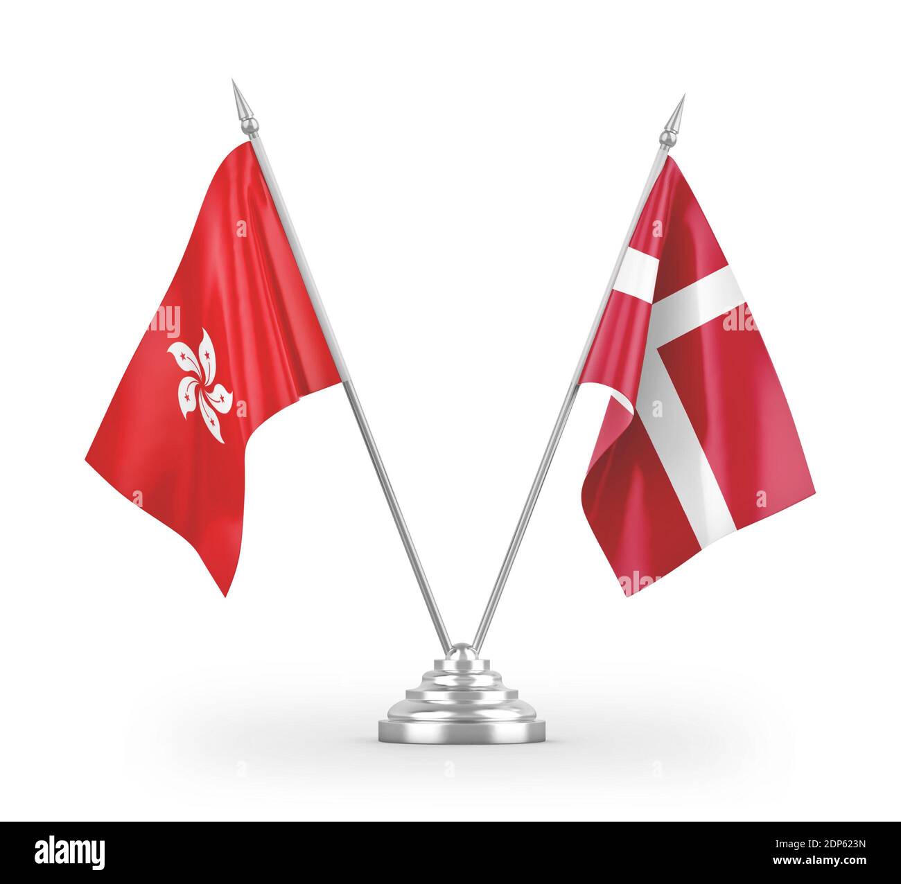Denmark and Hong Kong table flags isolated on white 3D rendering Stock Photo