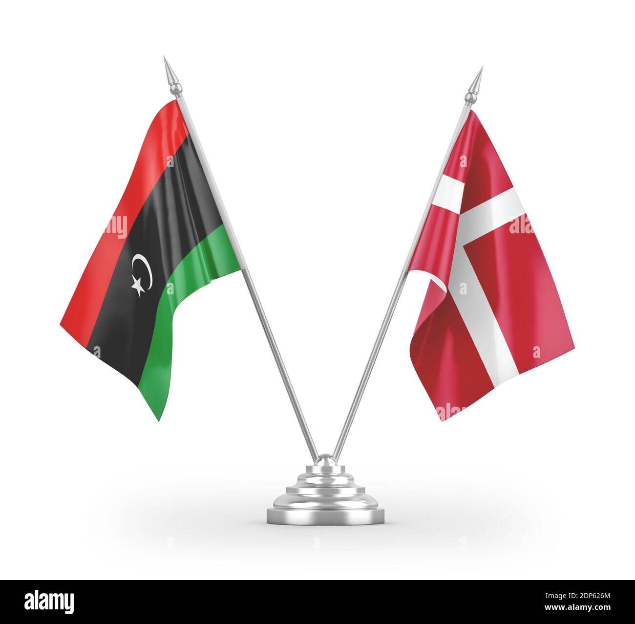 Denmark and Libya table flags isolated on white 3D rendering Stock Photo