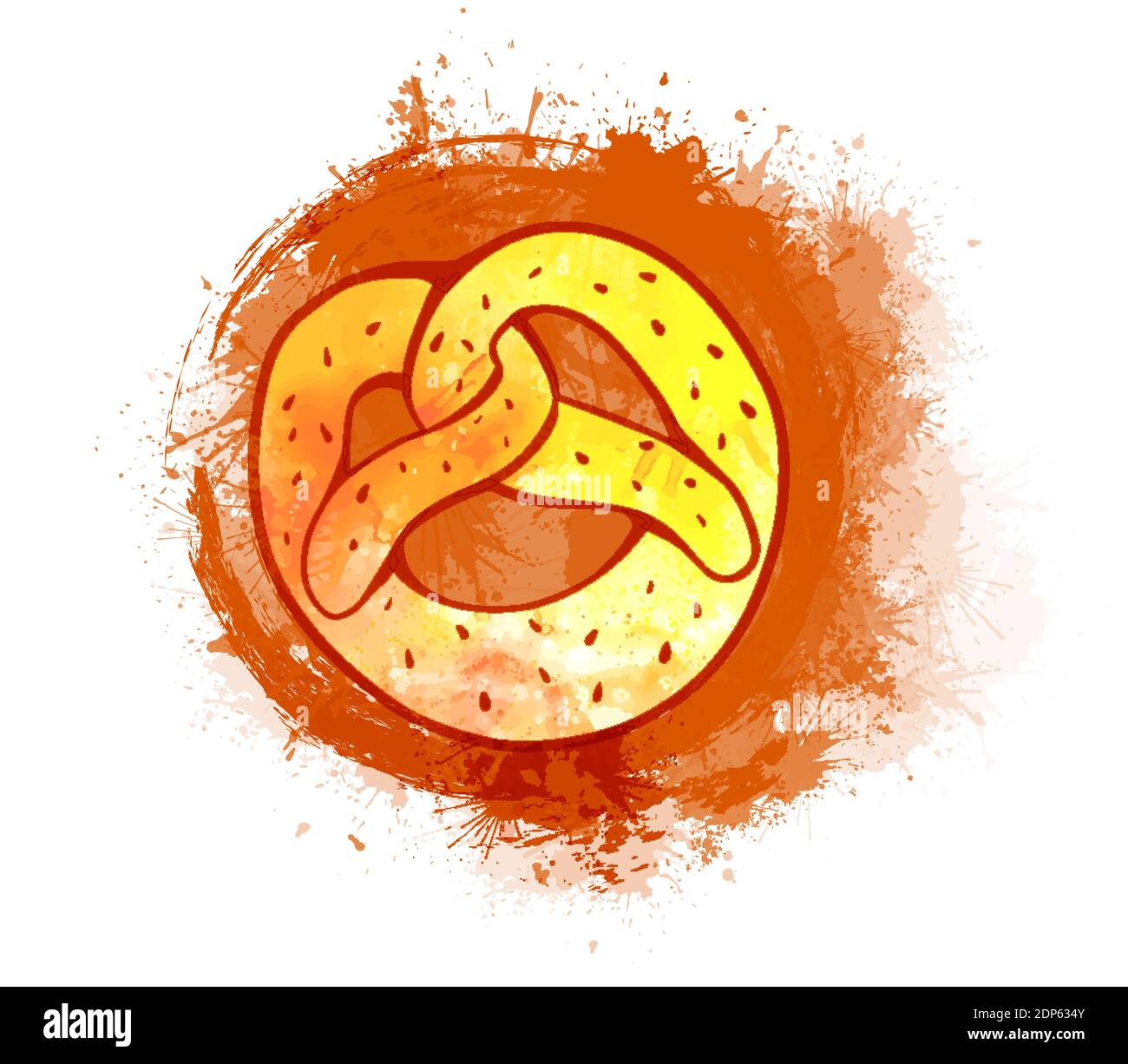 Drawing bavarian pretzel treat on watercolor splashes. Baking bun with sprinkles. German food at
